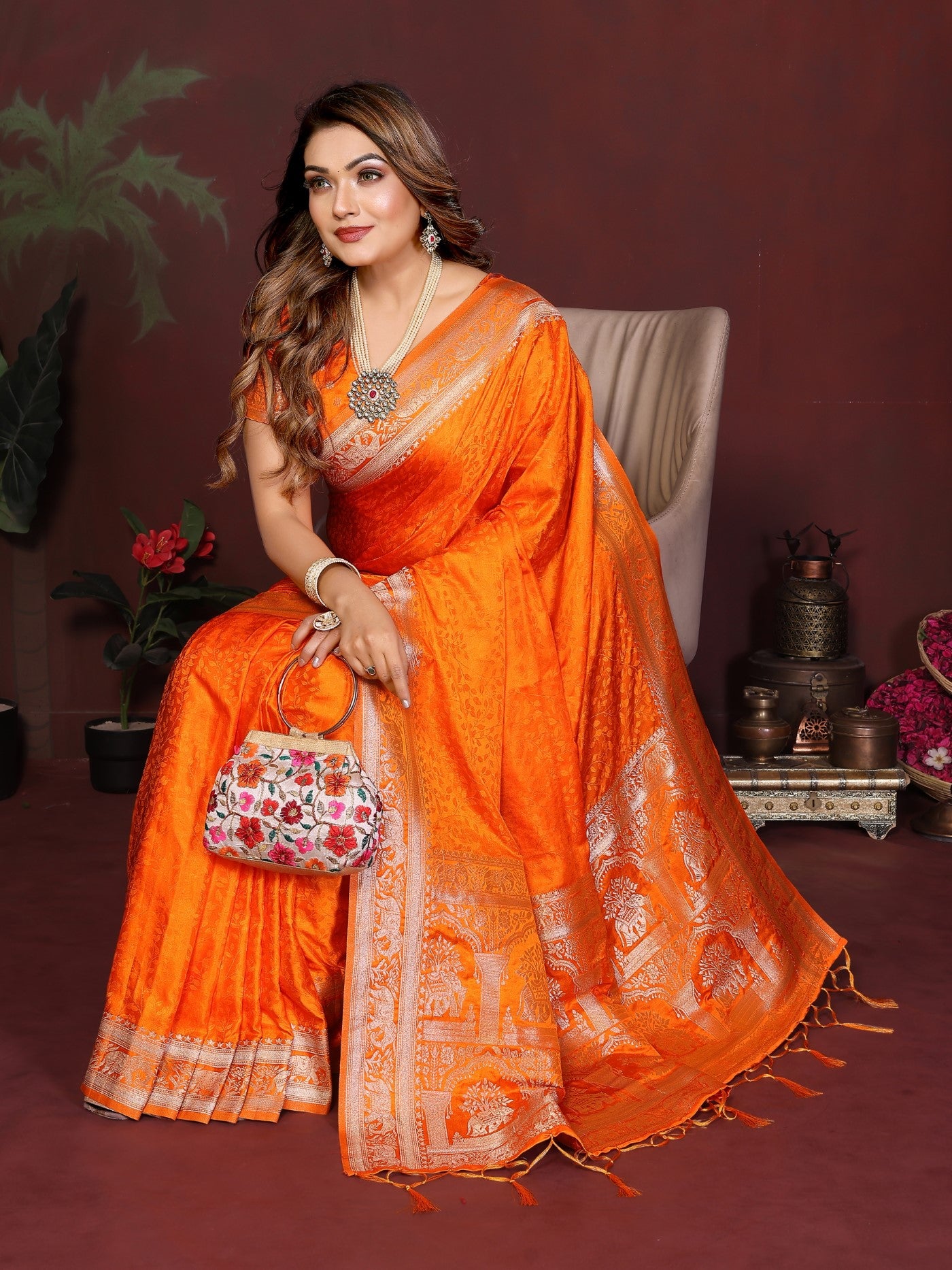 Orange Soft Satin Silk Saree With Elegant Zari Weaving