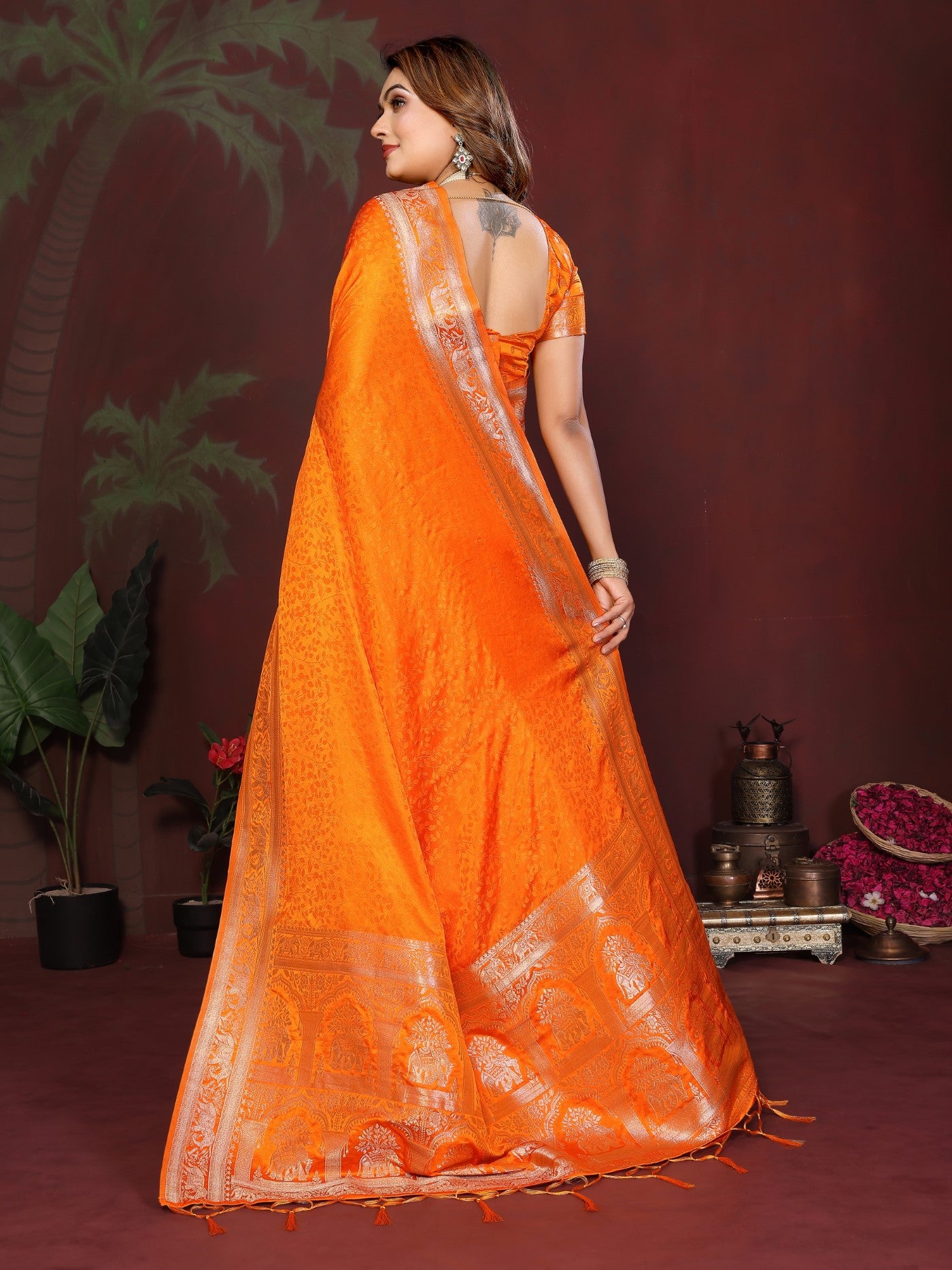 Orange Soft Satin Silk Saree With Elegant Zari Weaving