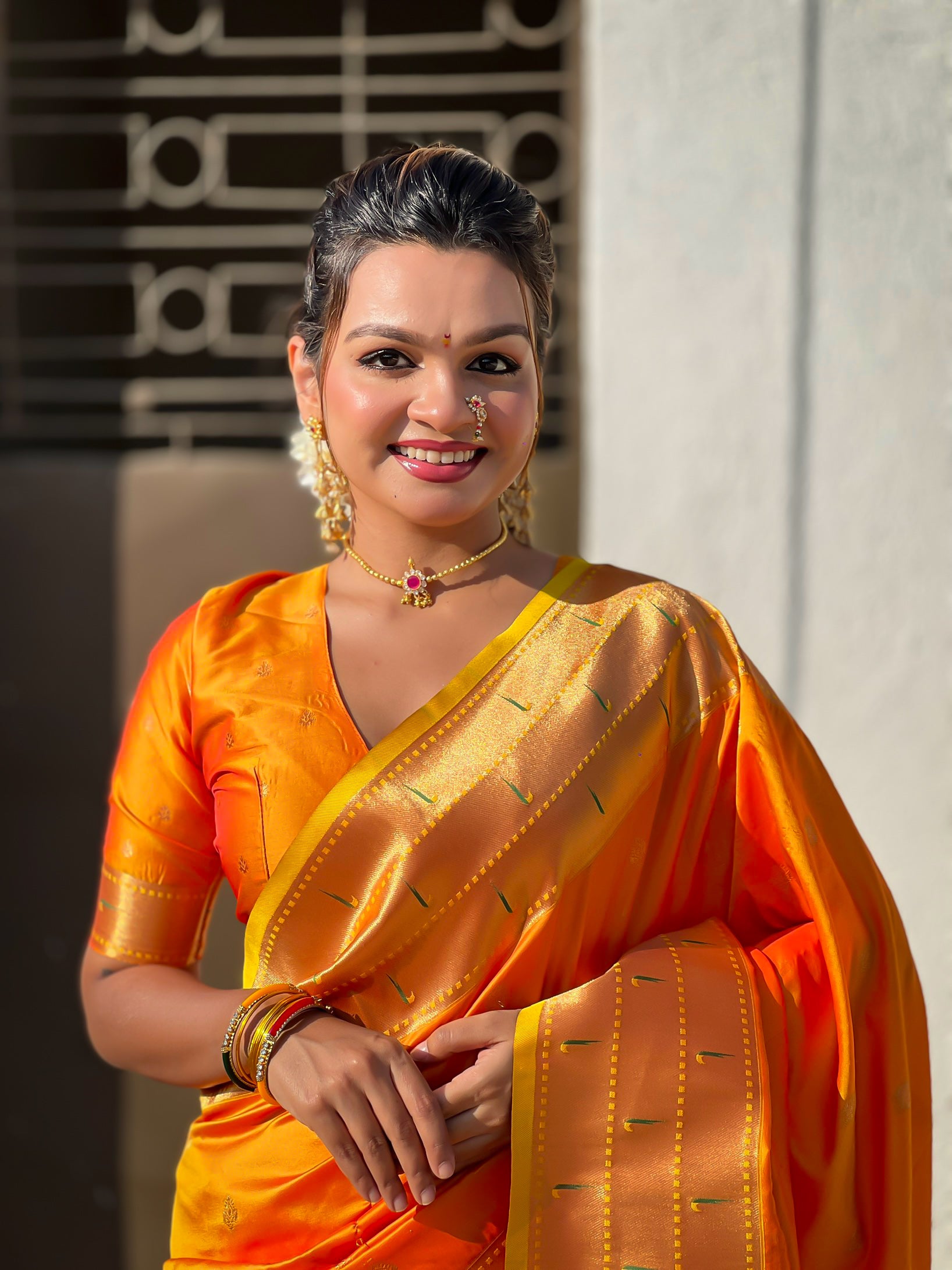 Orange Soft Silk Weaving Figure Pallu Designer Ceremonial Saree