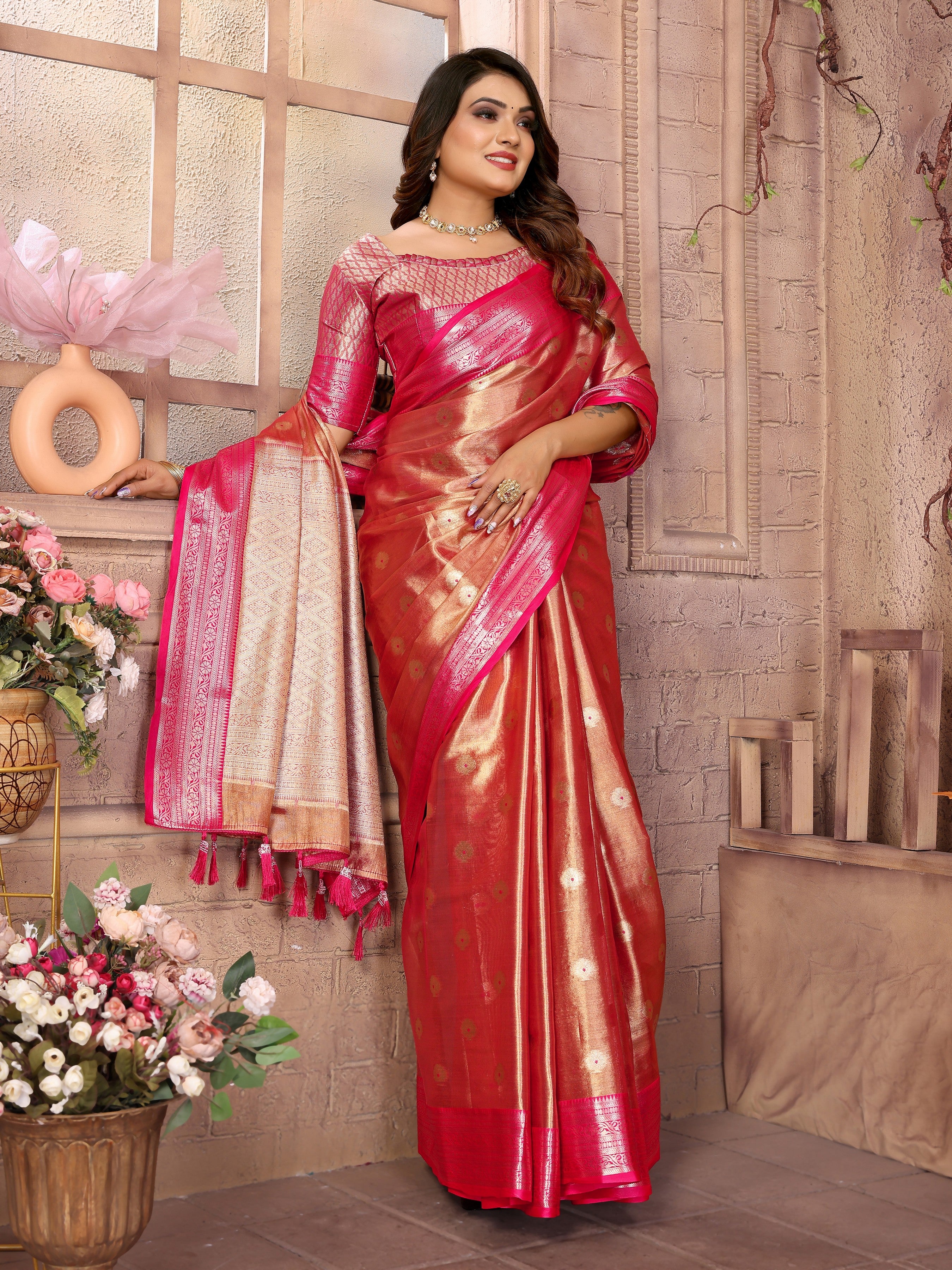 Orange Tissue Silk Ethnic Saree With Woven Handloom Designer