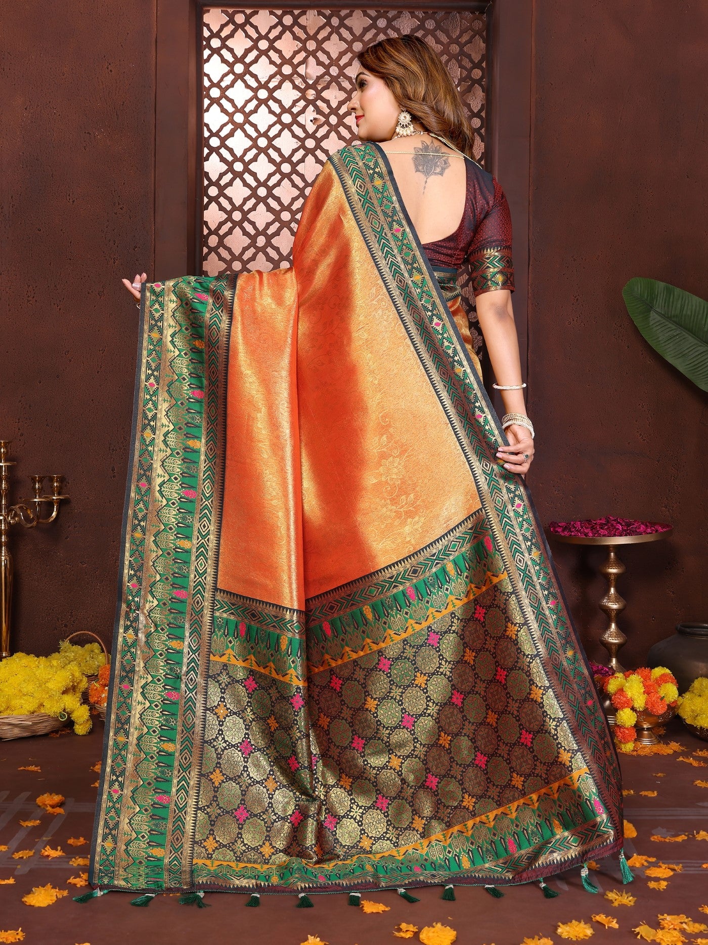 Orange Tissue Silk Saree With Traditional Weaving