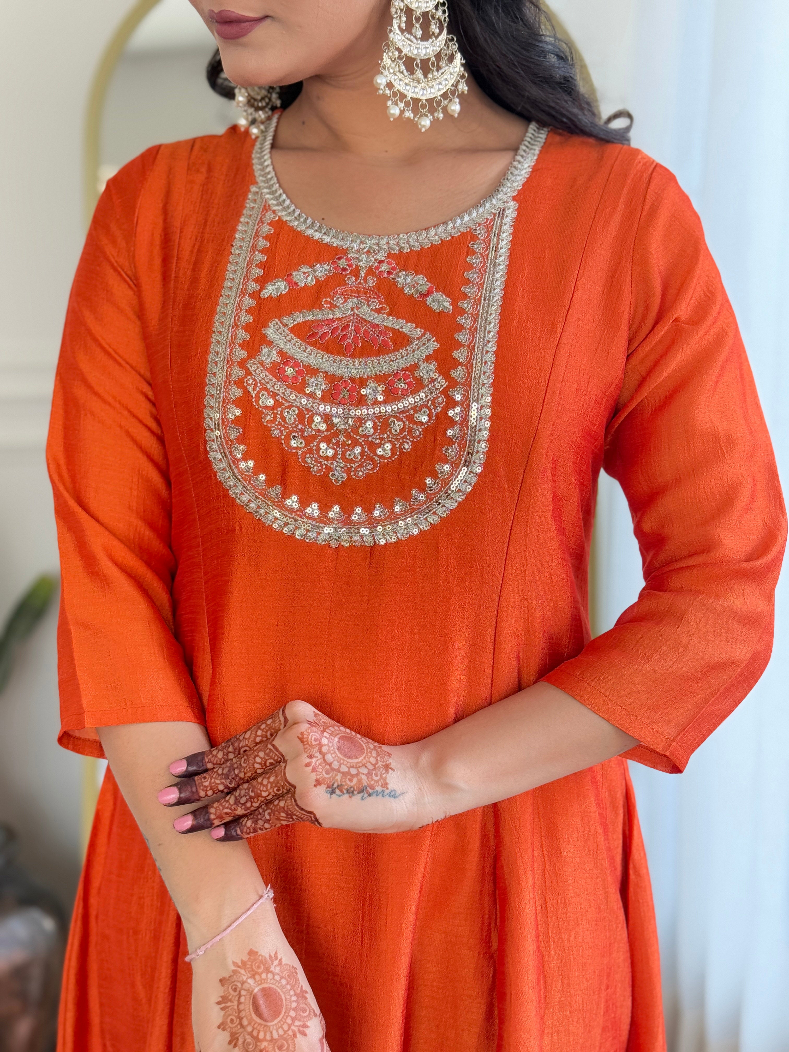 Orange Vichitra Silk Elegant Kurta Pant Set With Embroidery Work