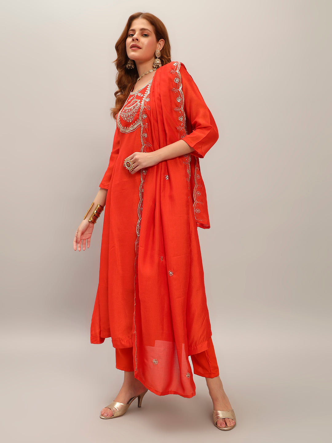 Orange Vichitra Silk Elegant Kurta Pant Set With Embroidery Work