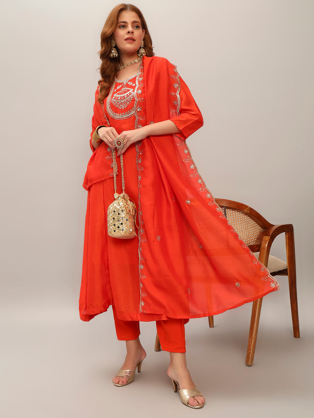 Orange Vichitra Silk Elegant Kurta Pant Set With Embroidery Work