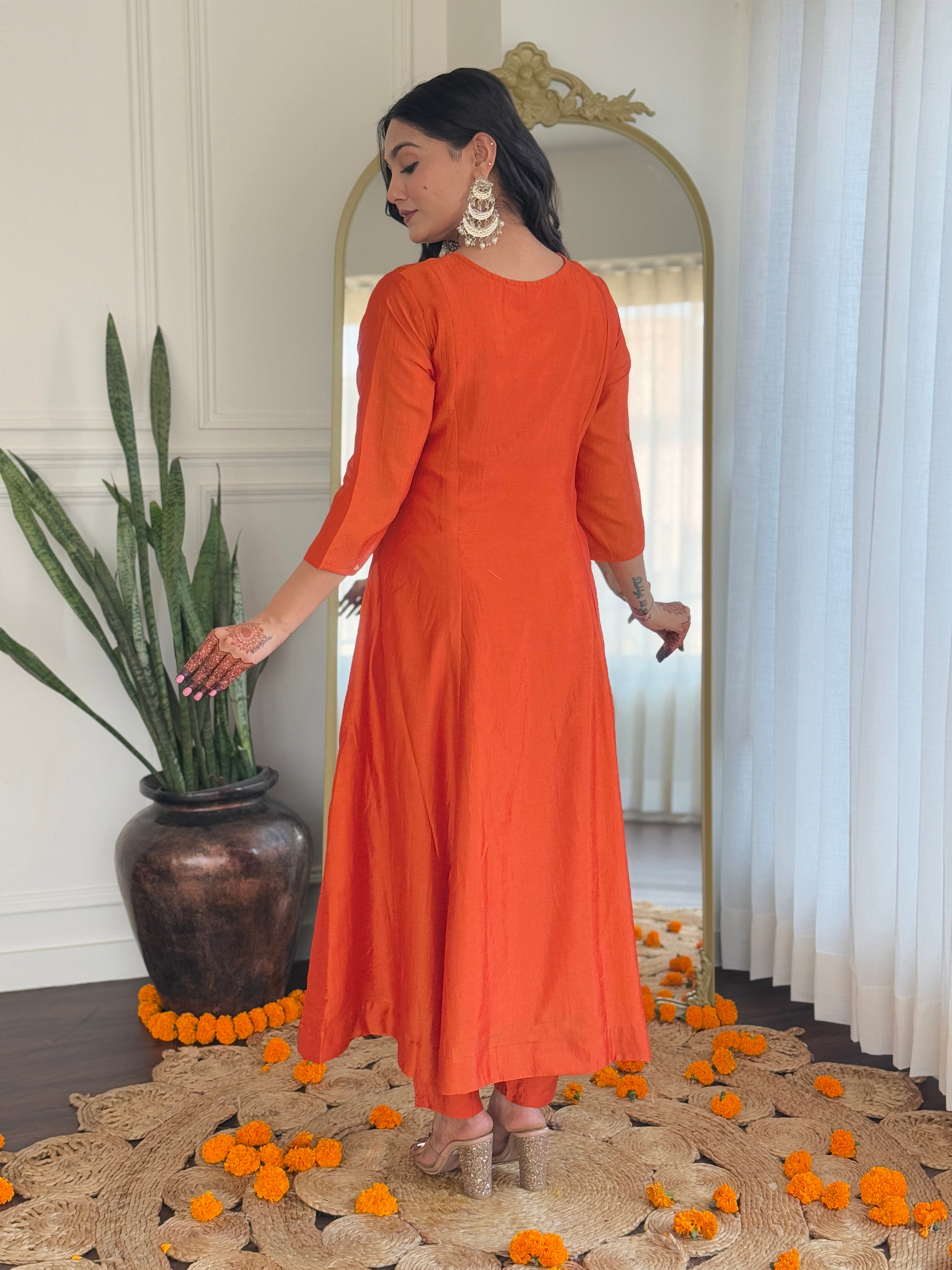 Orange Vichitra Silk Elegant Kurta Pant Set With Embroidery Work