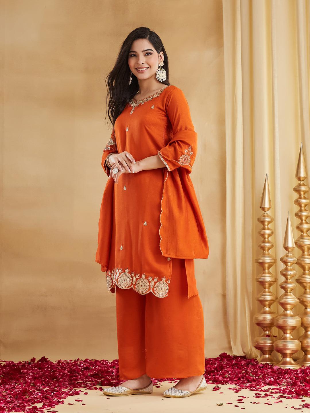 Orange Vichitra Silk Kurta Pant Set With Heavy Thread Embroidery Sequins Work