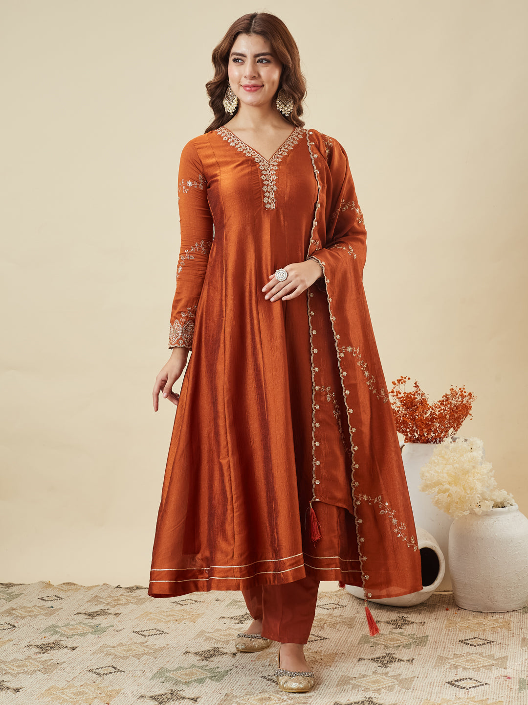 Orange Vichitra Silk Kurta Pant Set With Heavy Thread Embroidery Work