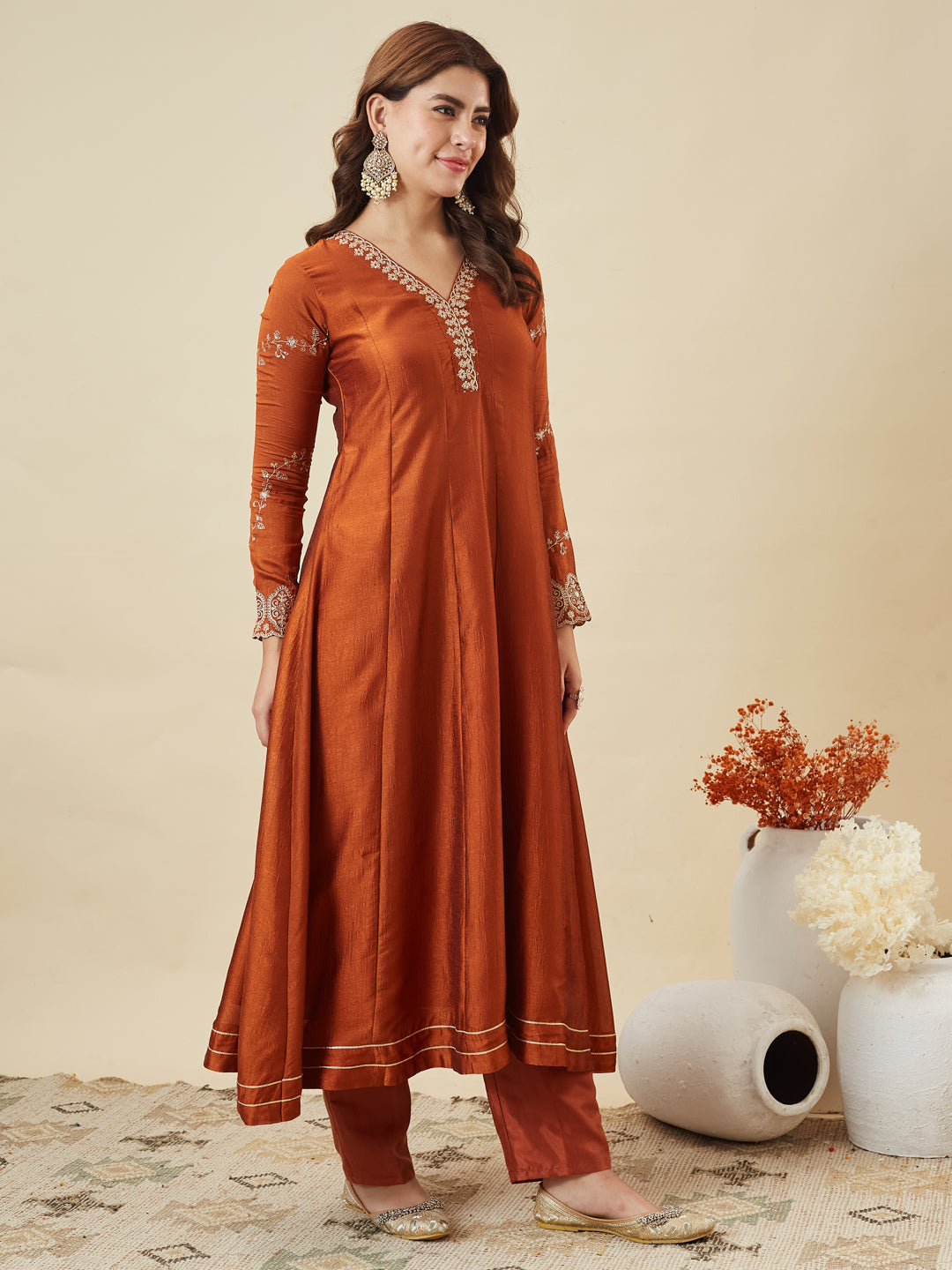 Orange Vichitra Silk Kurta Pant Set With Heavy Thread Embroidery Work
