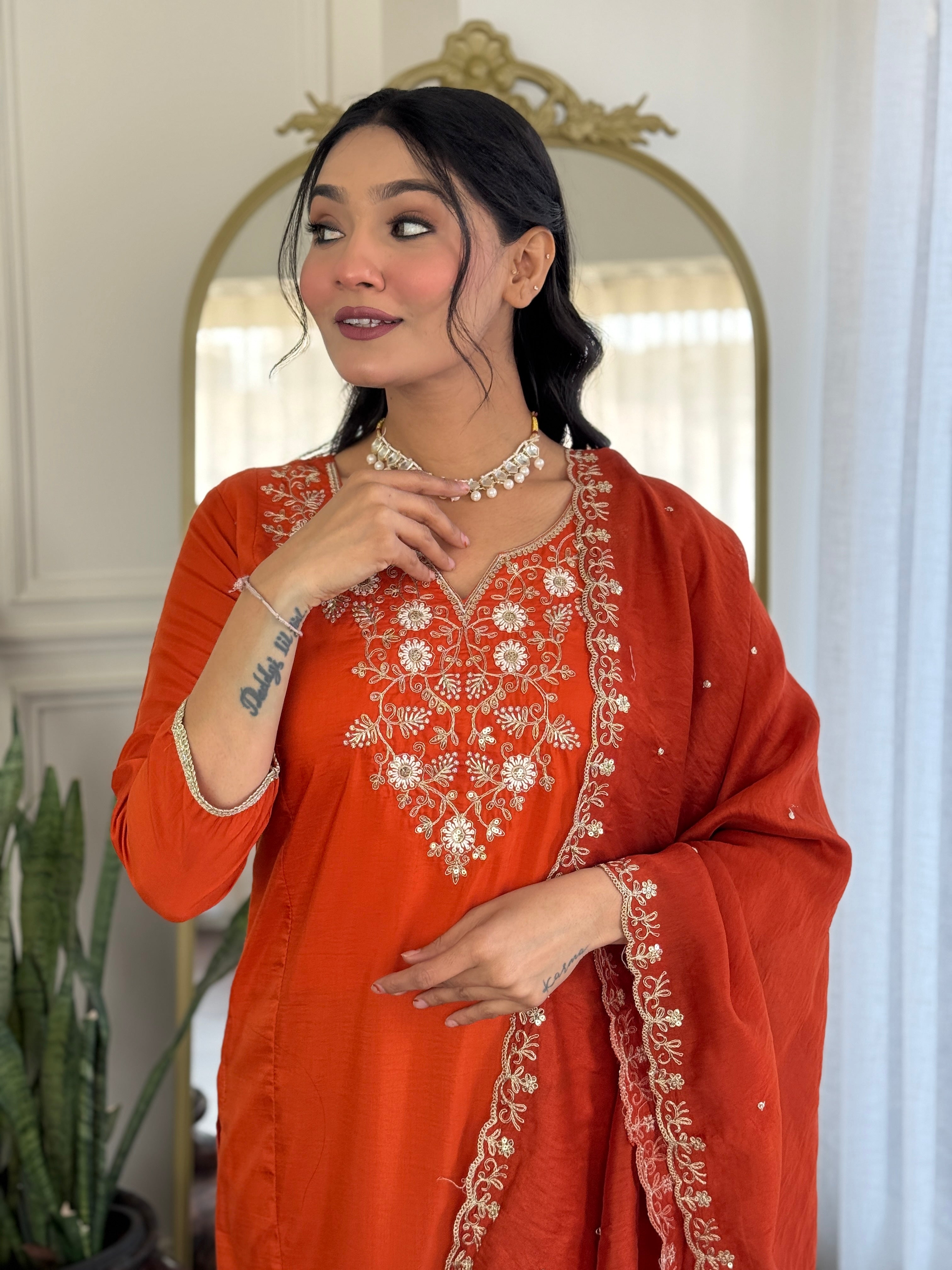 Orange Viscose Chinon Elegant Kurta Pant Set With Embroidery Work
