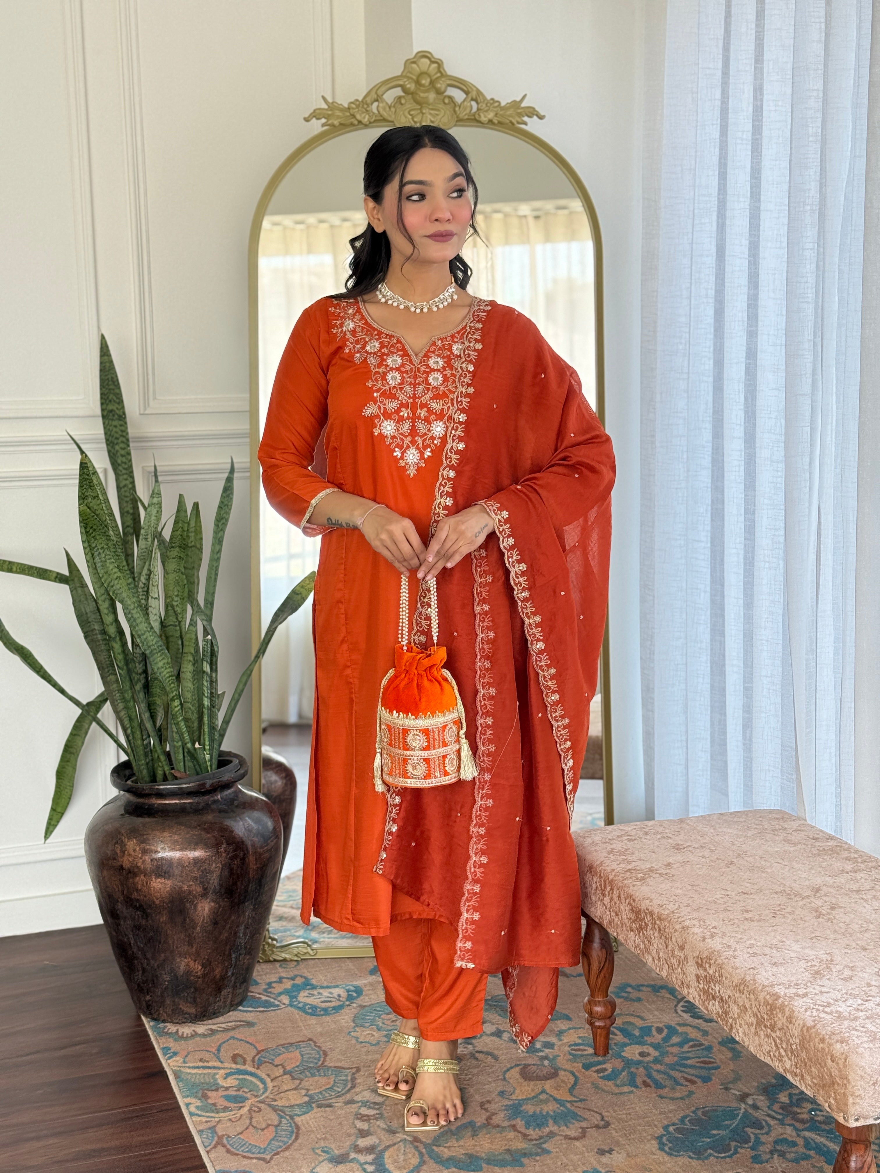 Orange Viscose Chinon Elegant Kurta Pant Set With Embroidery Work