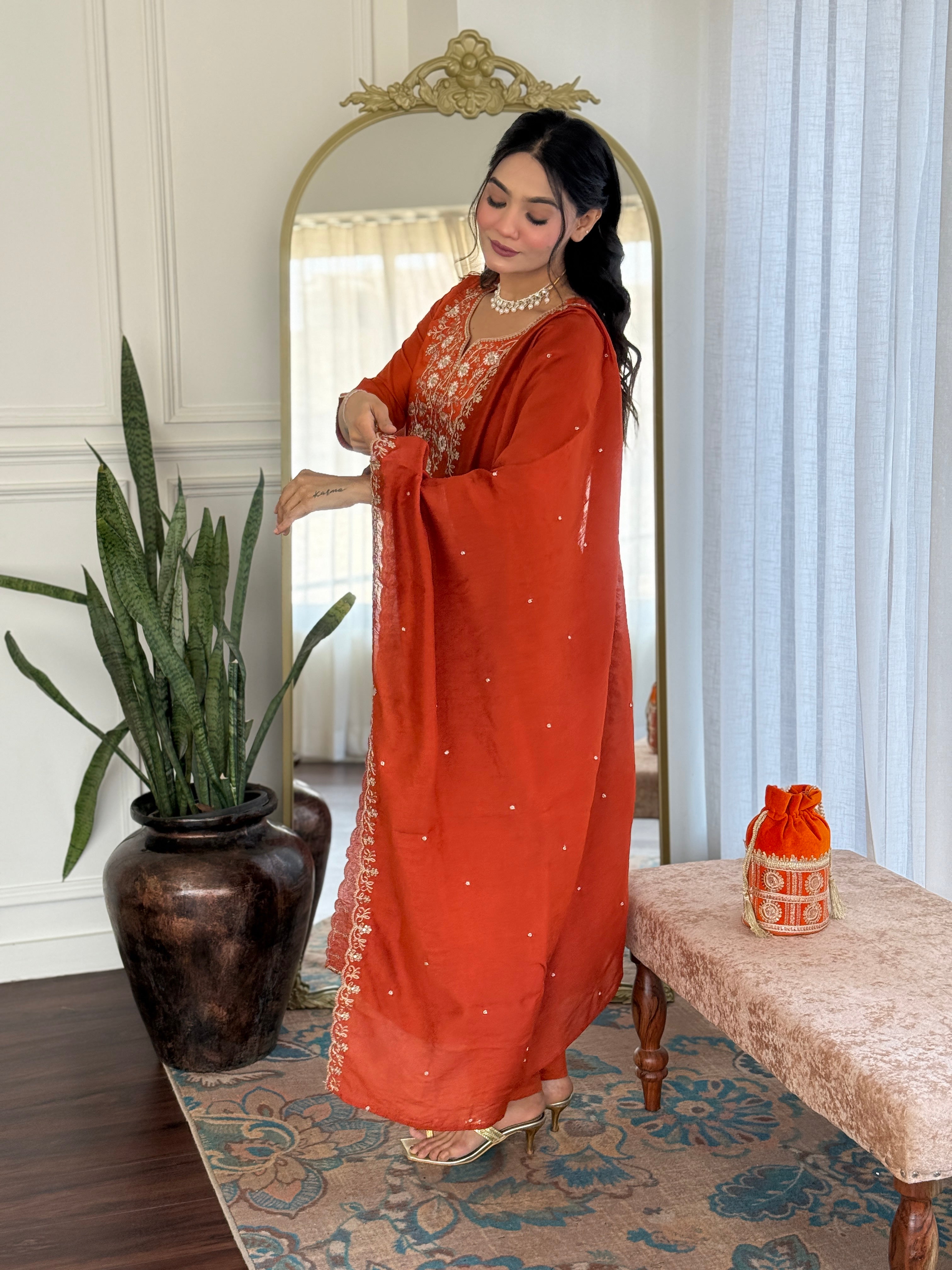 Orange Viscose Chinon Elegant Kurta Pant Set With Embroidery Work