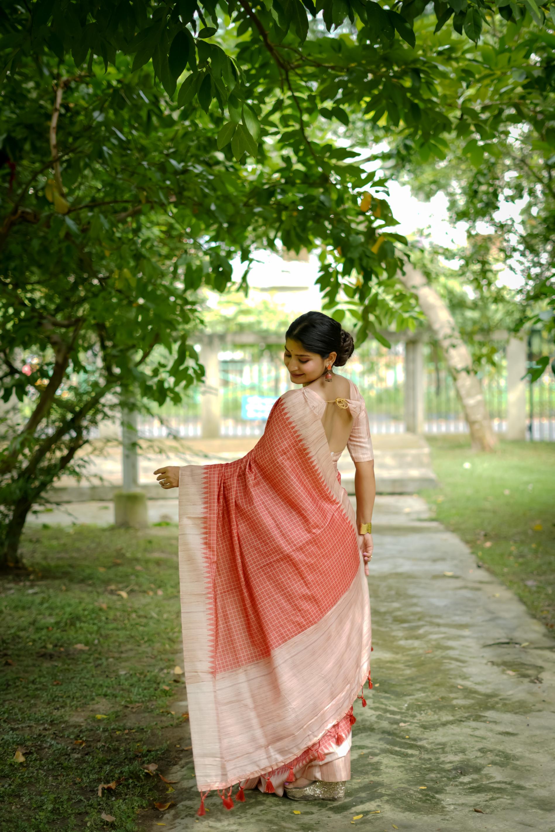 Orange Woven Kantha Designer Tussar Silk Saree With Printed Design