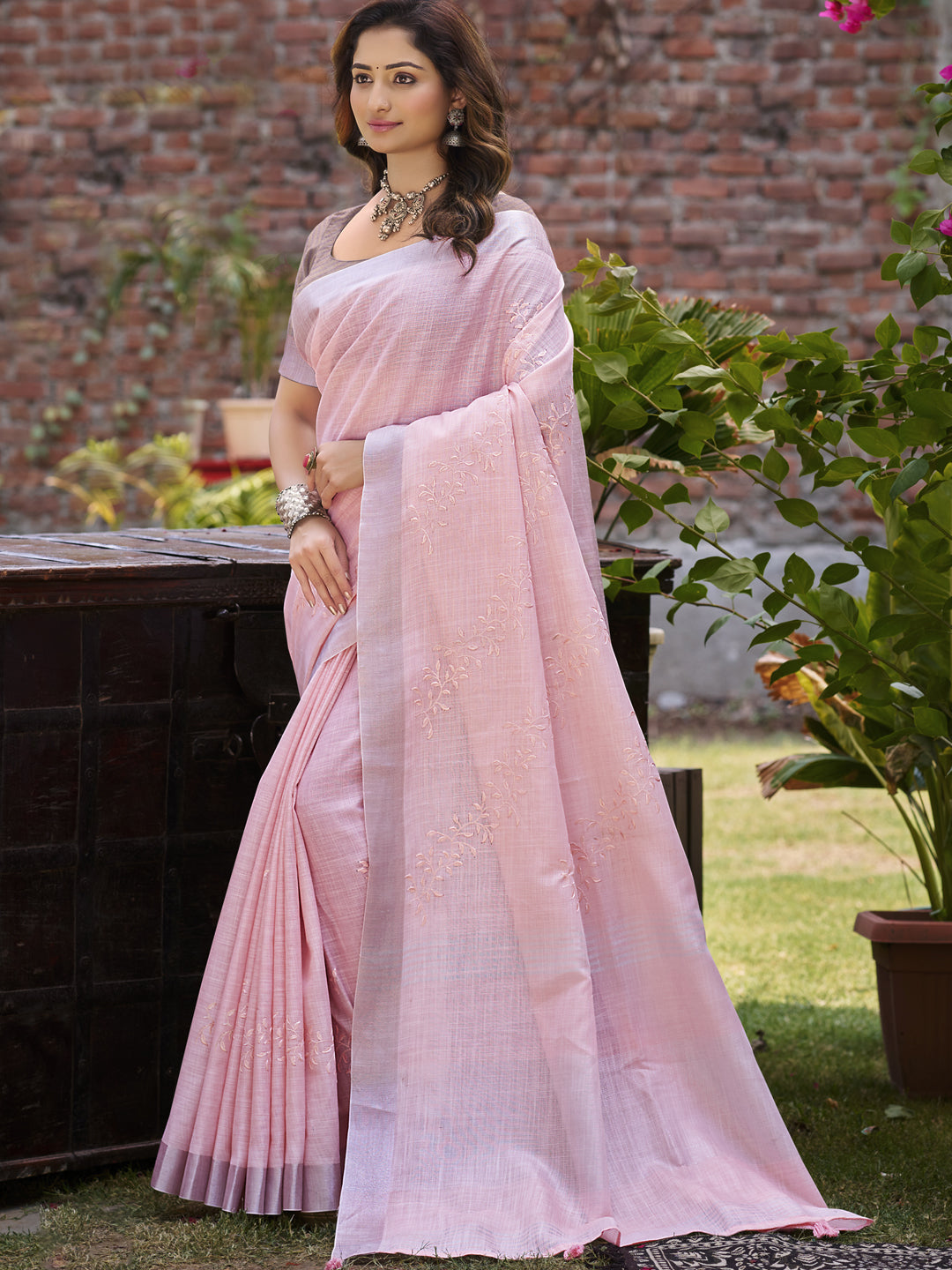 Ornate Pink Linen Festival Saree for Women