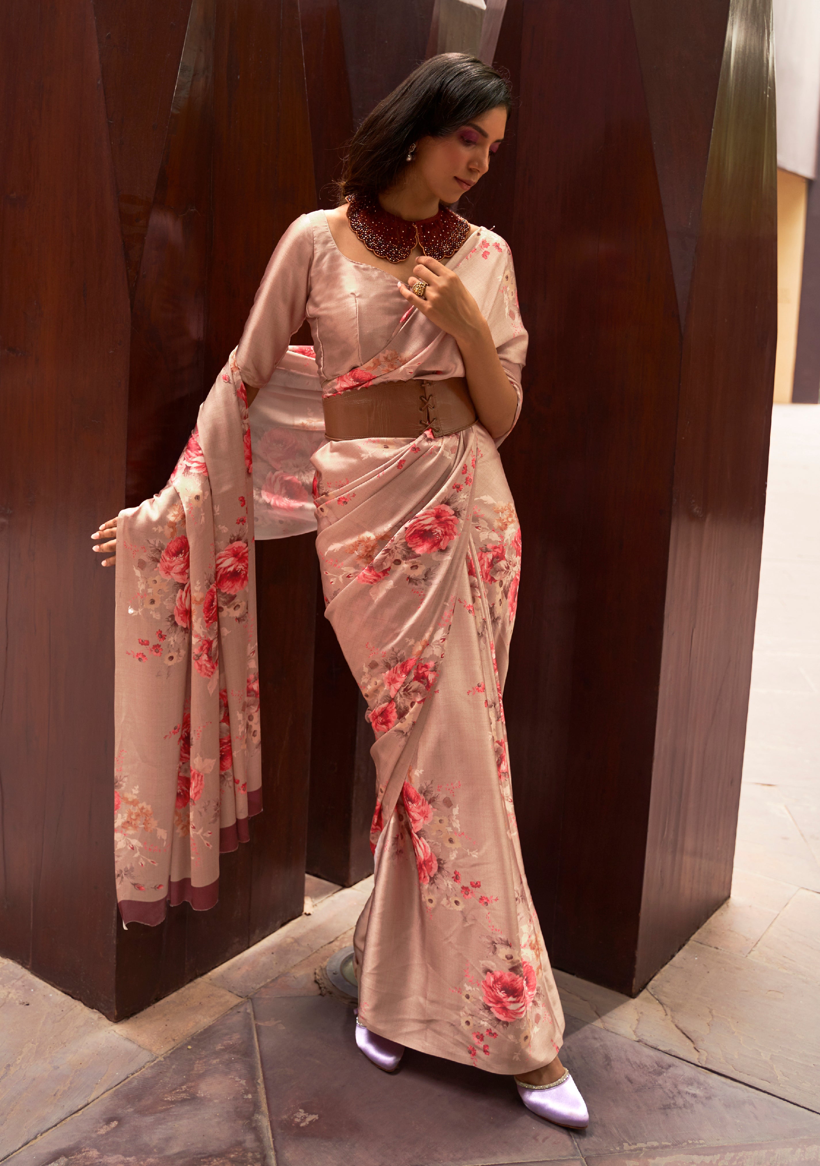 Pale Copper Satin Crepe Saree With Digital Printed Work