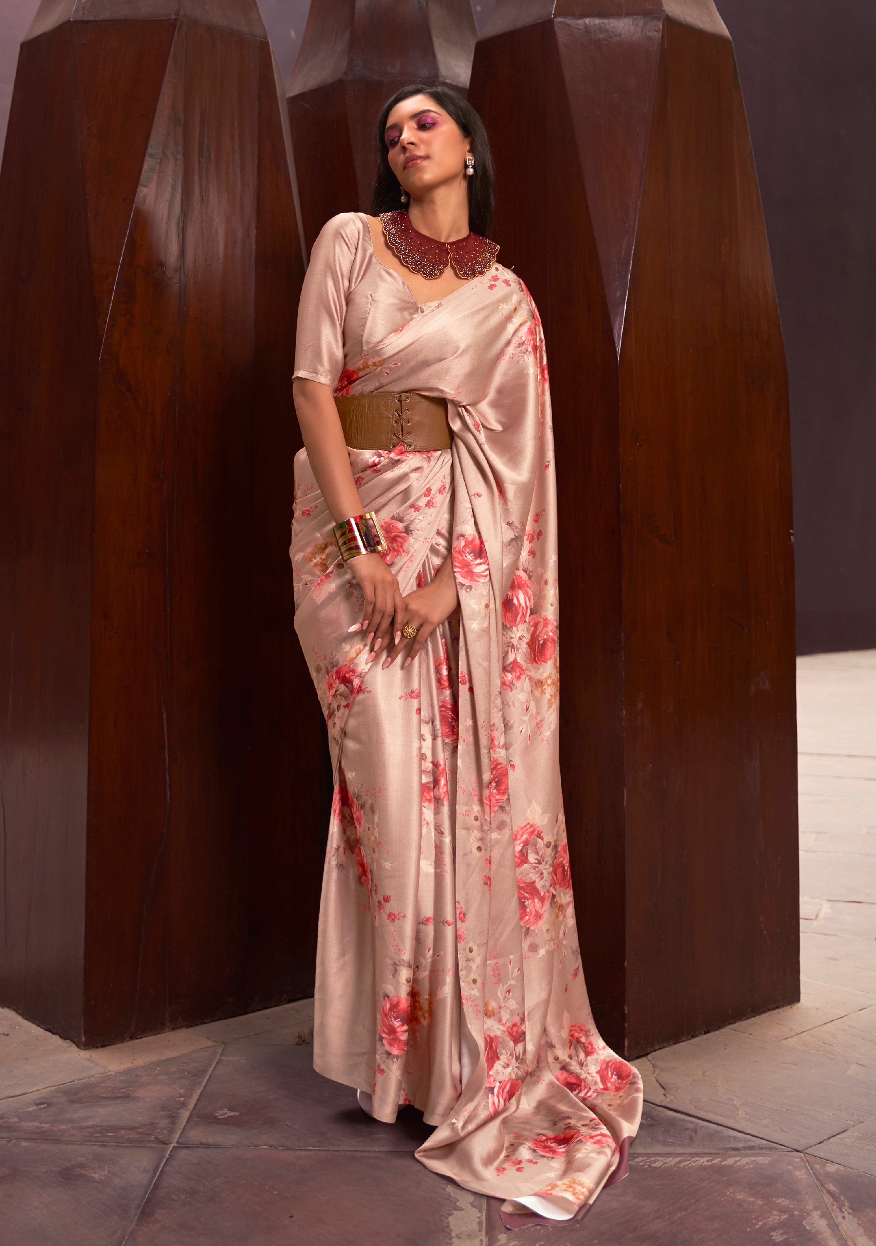 Pale Copper Satin Crepe Saree With Digital Printed Work