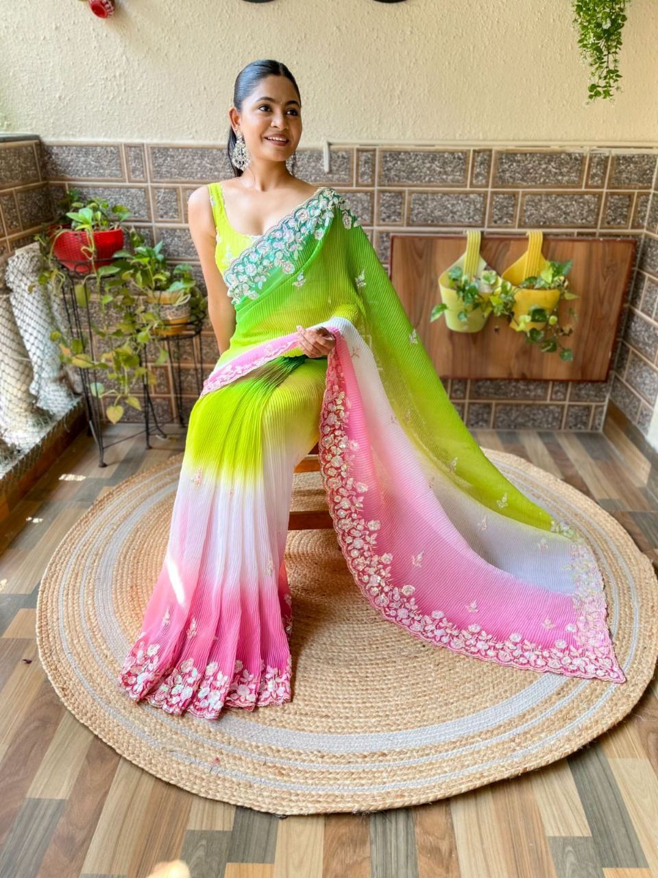 Parrat Colour Georgette Embroidery Crush Work Saree