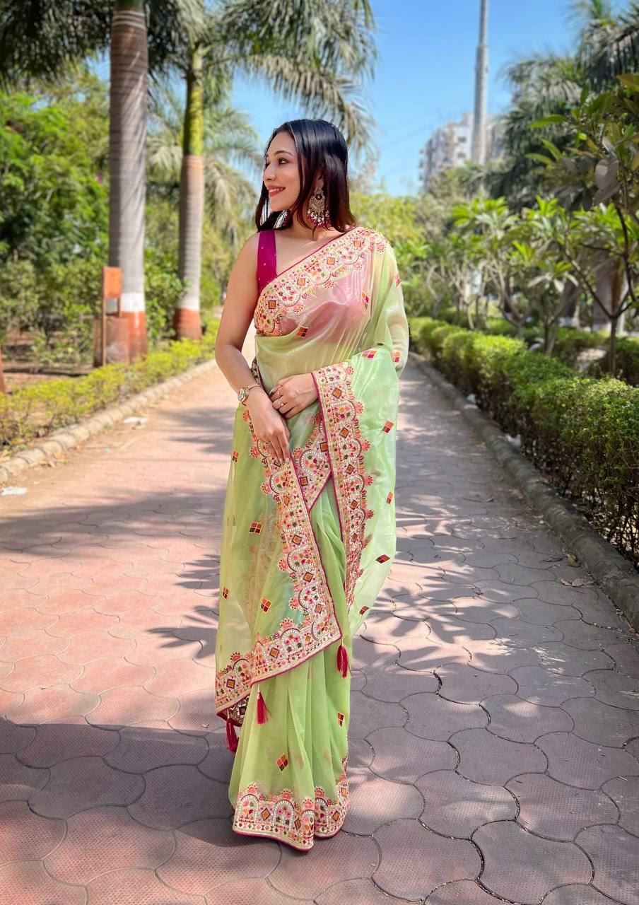 Parrot Colour Twill Net Designer Embroidery Work Saree