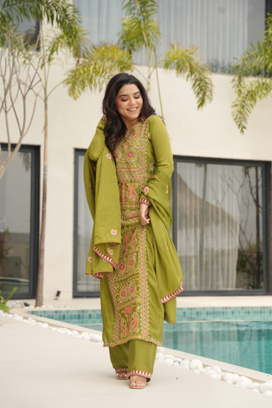 Parrot Green Chinon Designer Suit Set With Zari Mukaish Thread Embroidery