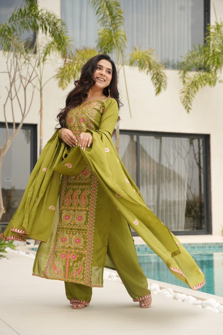 Parrot Green Chinon Designer Suit Set With Zari Mukaish Thread Embroidery