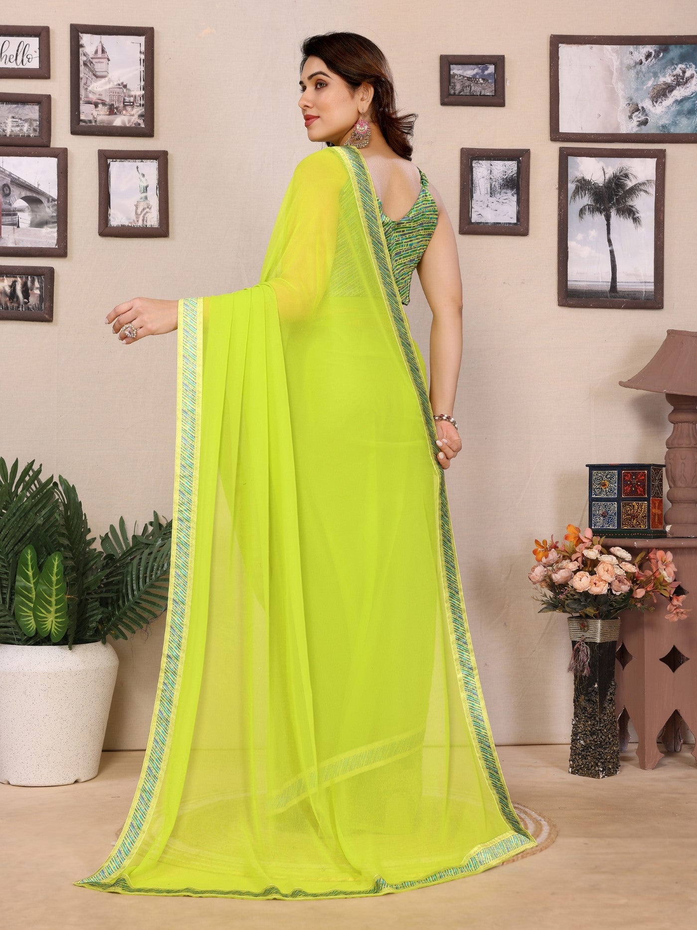 Parrot Green Georgette Saree With Plain Design And Digital Print Blouse