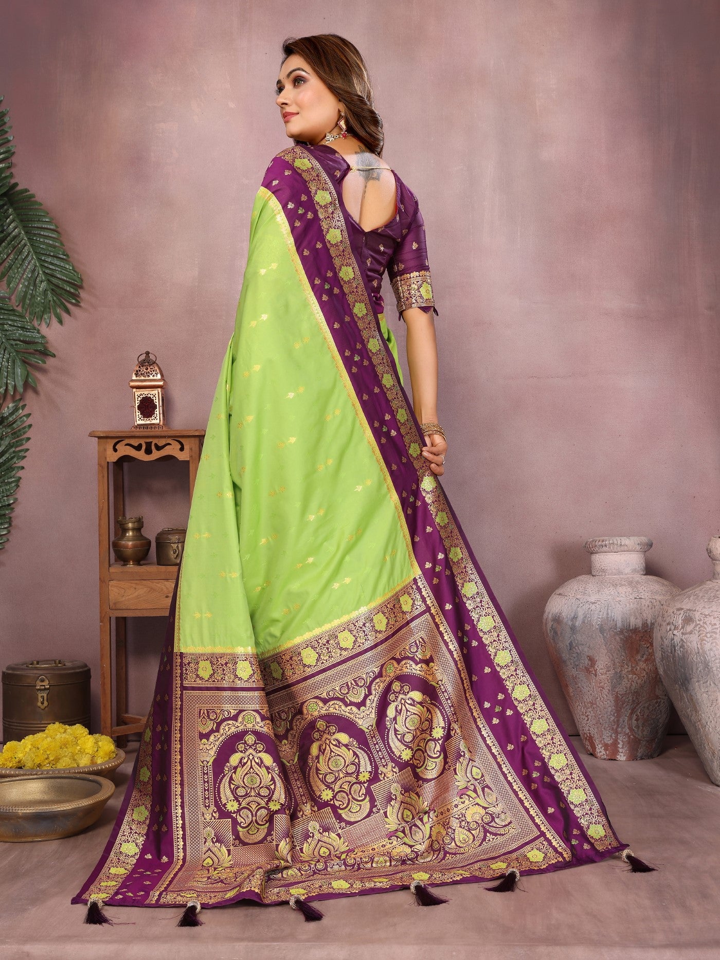 Parrot Green Kalamkari Silk Saree With Zari Woven