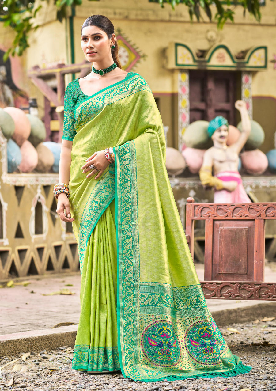 Parrot Green Kanjivaram Silk Saree With Timeless Grace and Elegant Charm