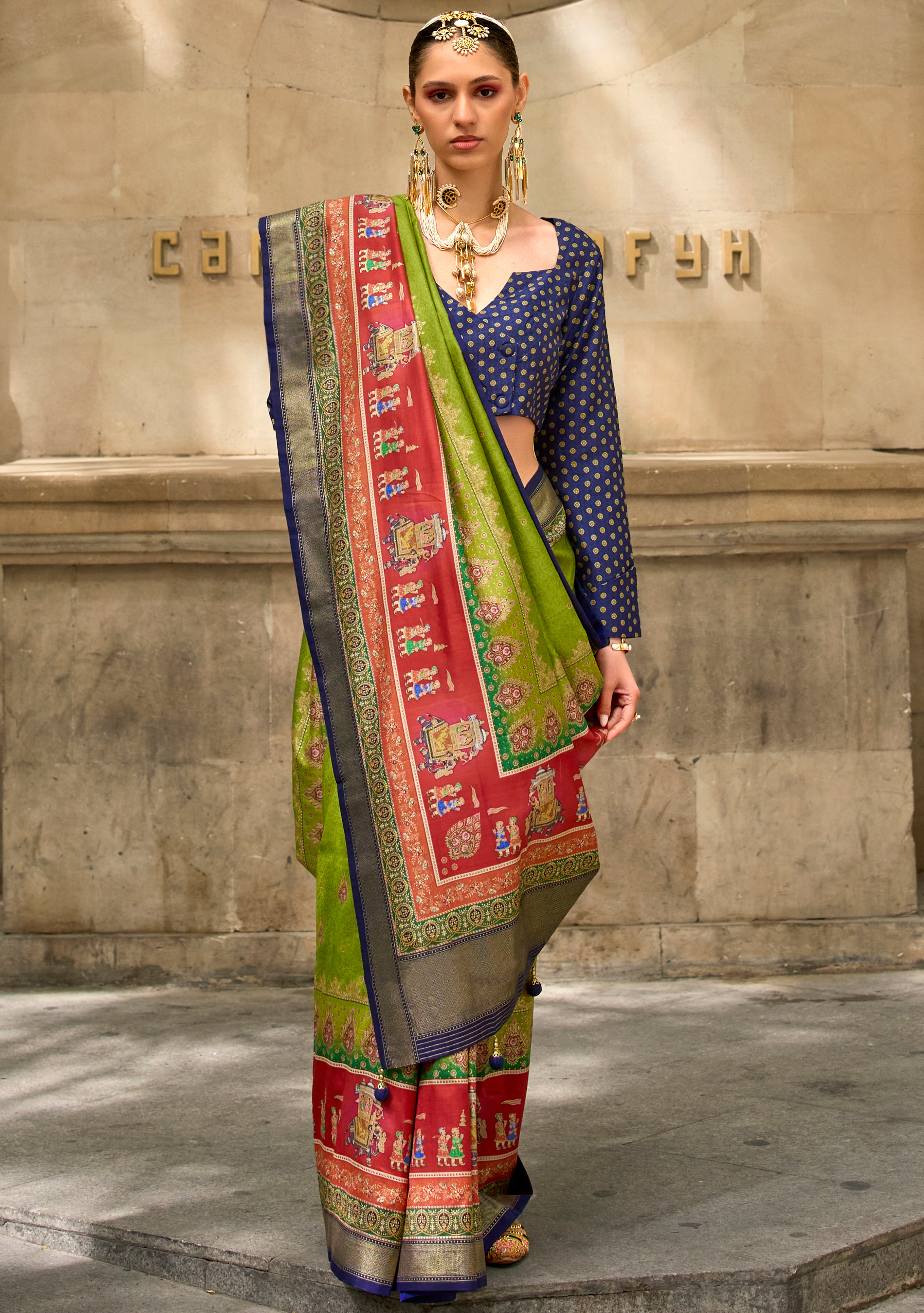 Parrot Green Silk Saree With Foil Print