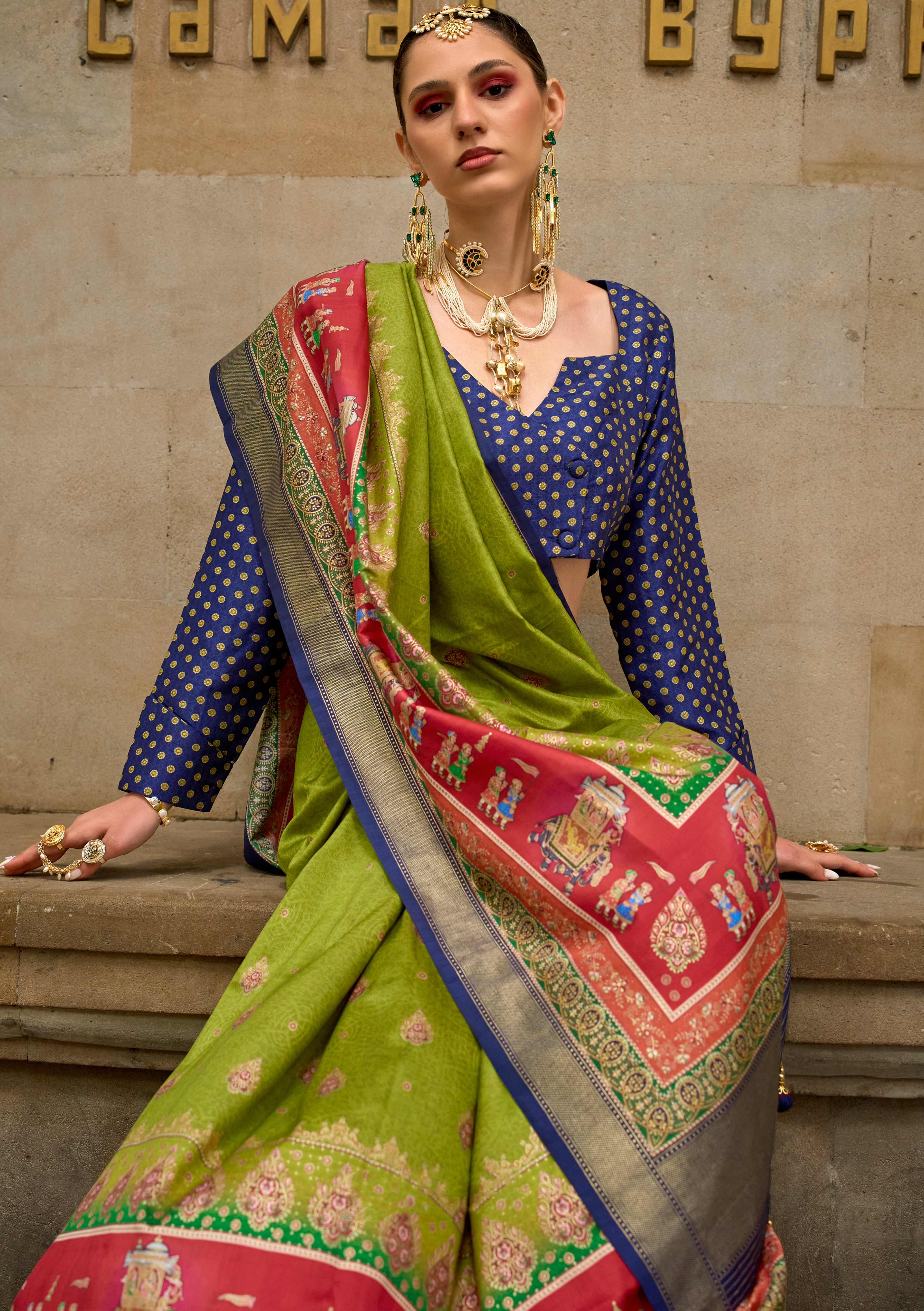 Parrot Green Silk Saree With Foil Print