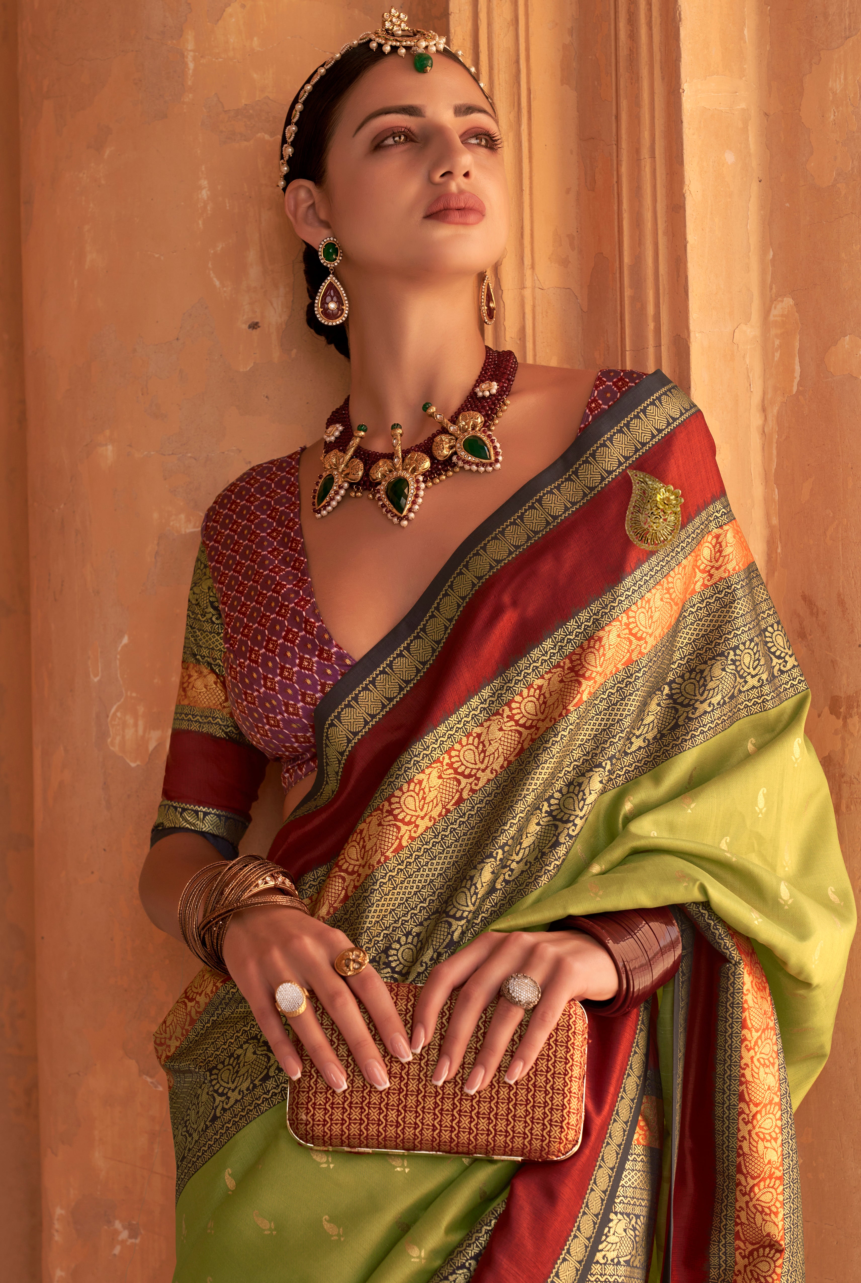 Parrot Green Silk Saree with Jacquard Woven Work