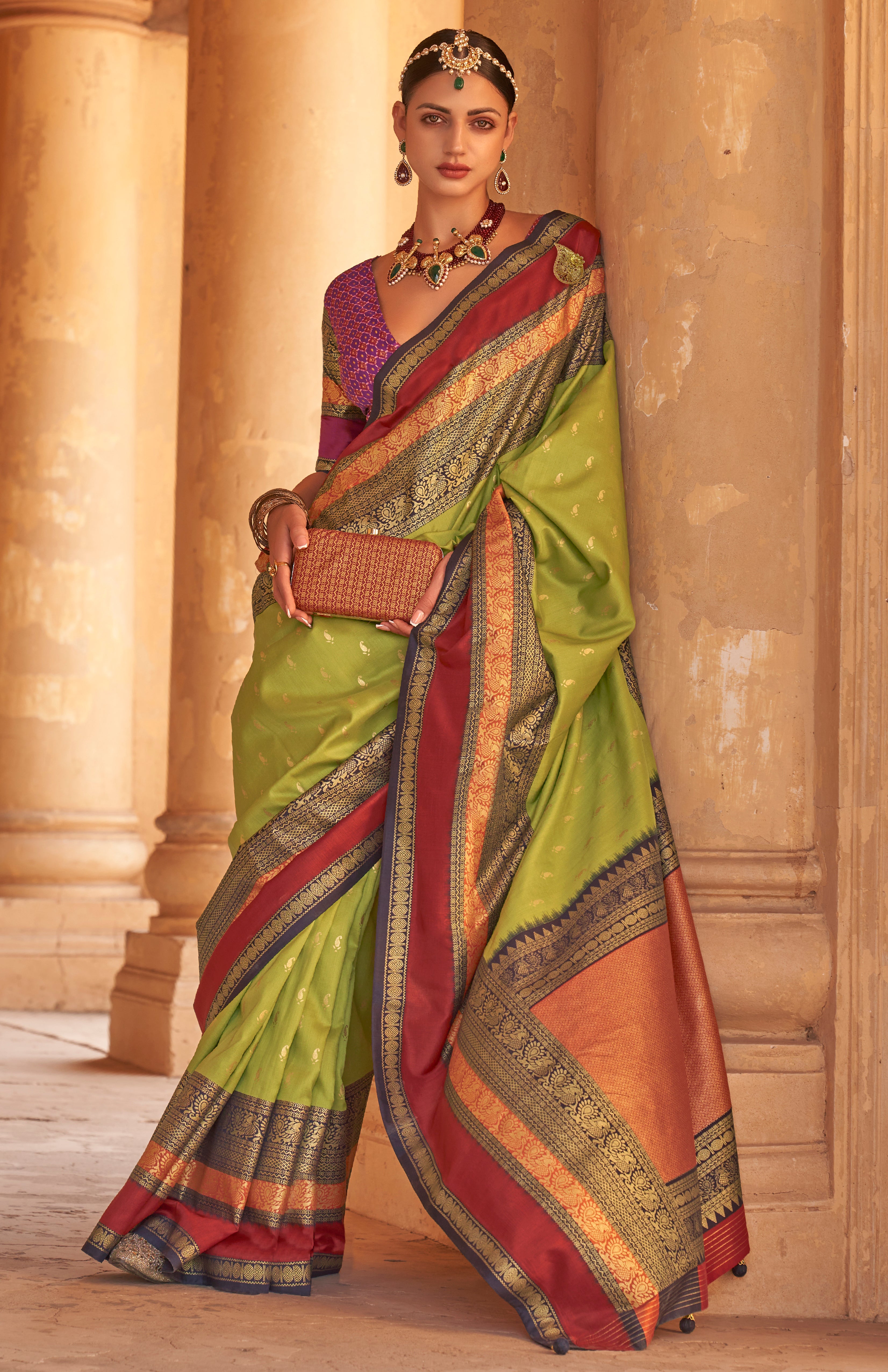 Parrot Green Silk Saree with Jacquard Woven Work