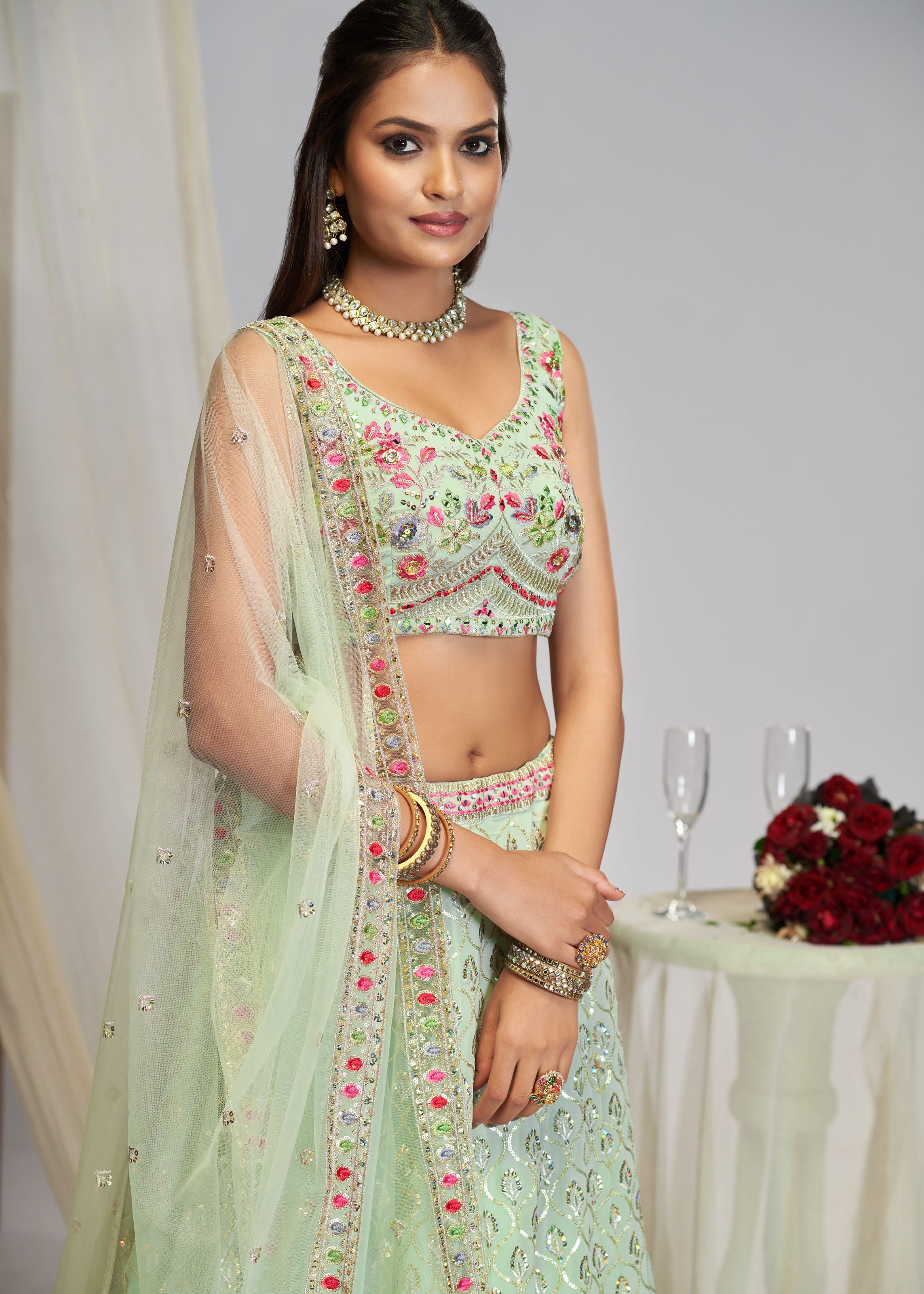 Pastel Green Thread Embroidery Work Lehenga