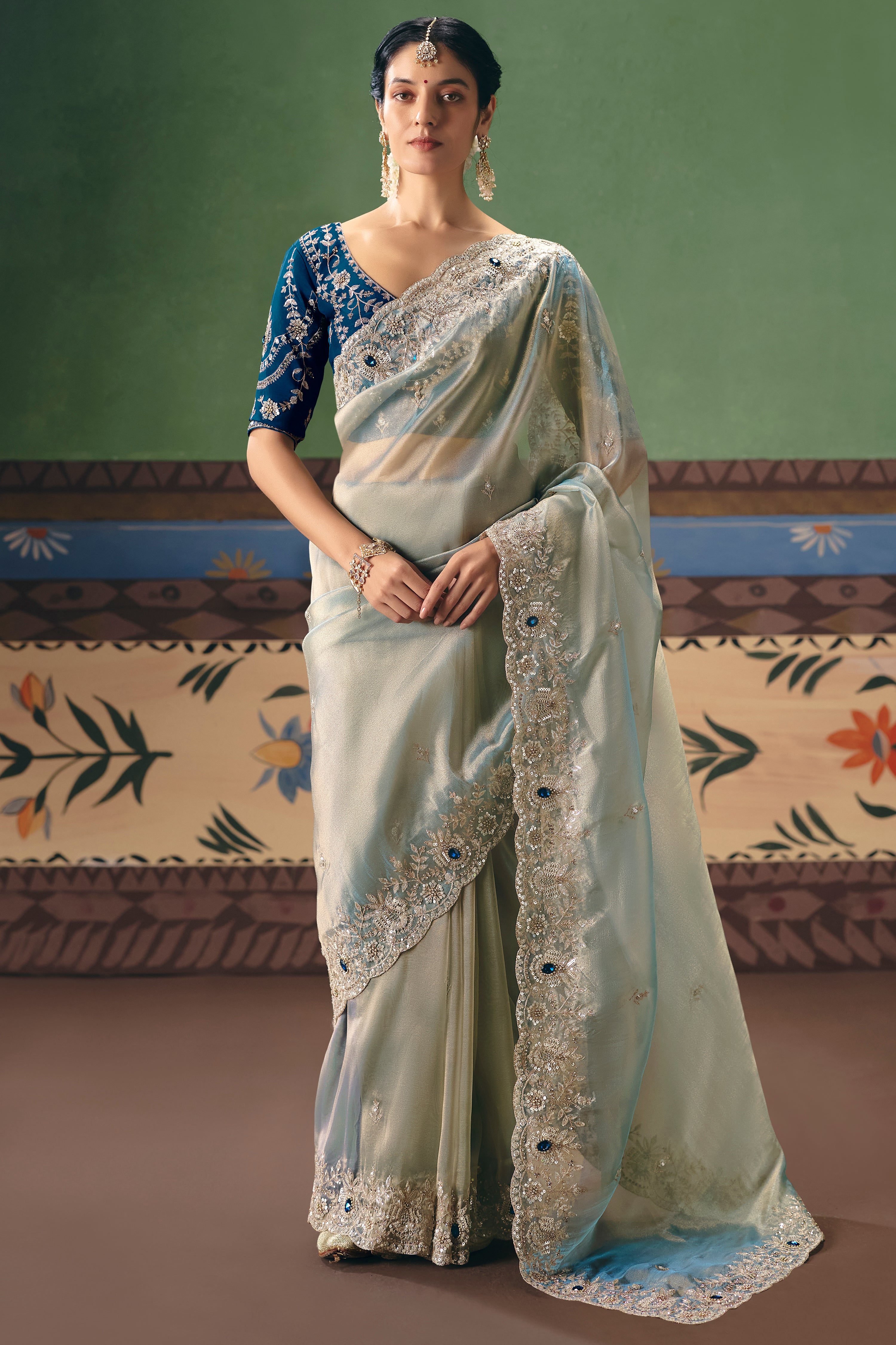 Pastel Mint Saree With Heavy Designer Embroidery, Sequince, Stone, Pearl With Beads Work