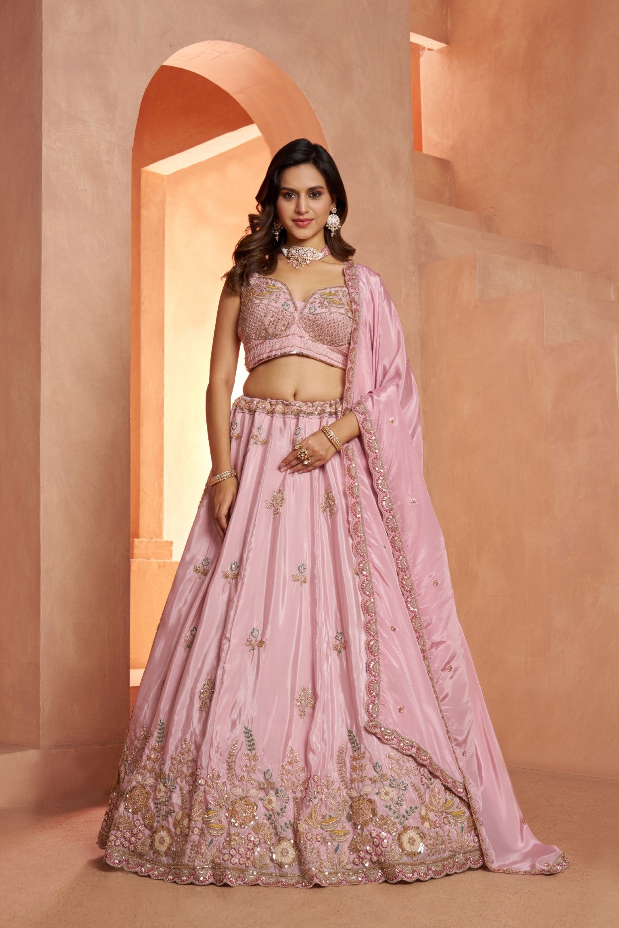 Pastel Pink HO Silk Floral Embroidered Designer Lehenga Set