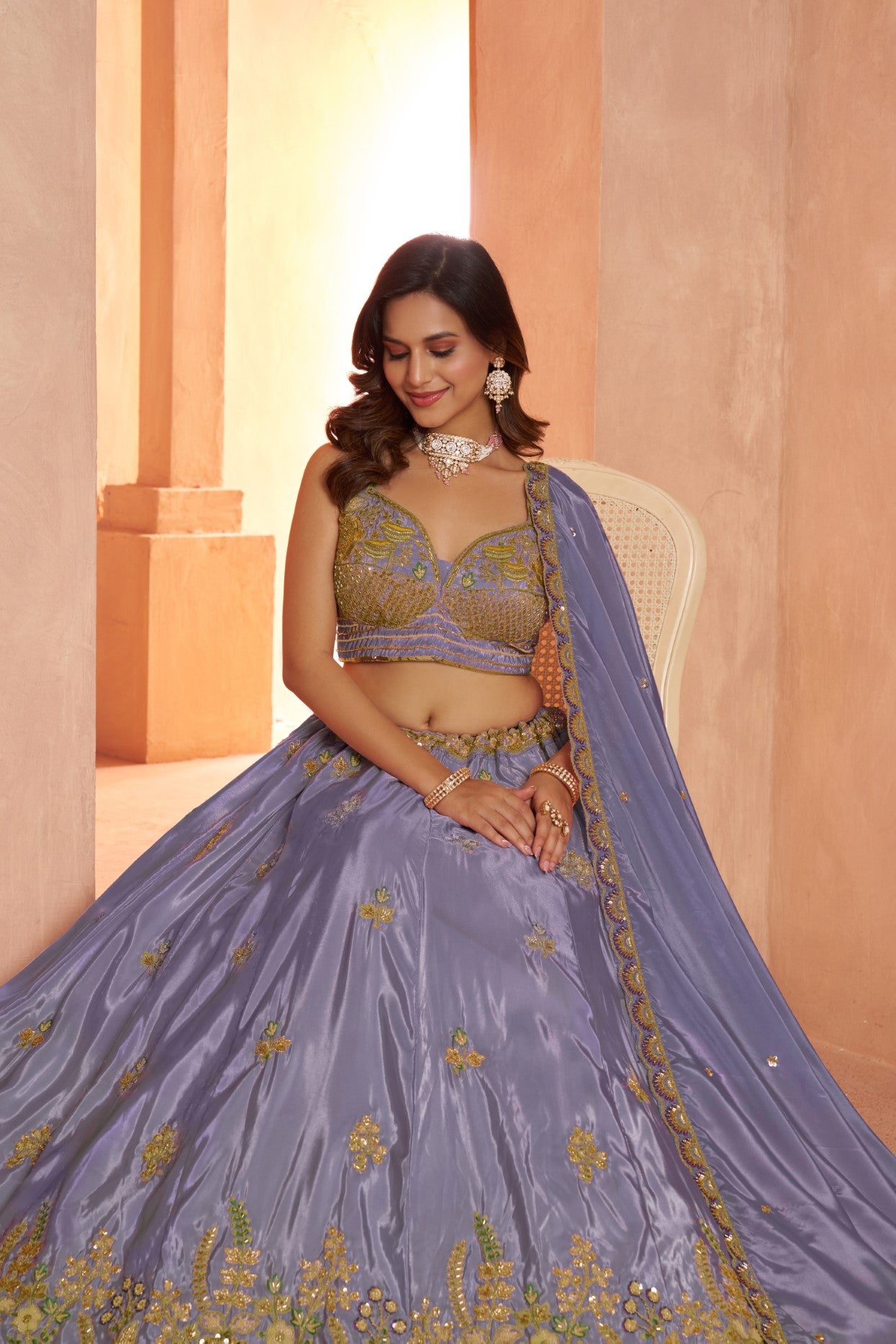 Pastel Purple HO Silk Floral Embroidered Designer Lehenga Set