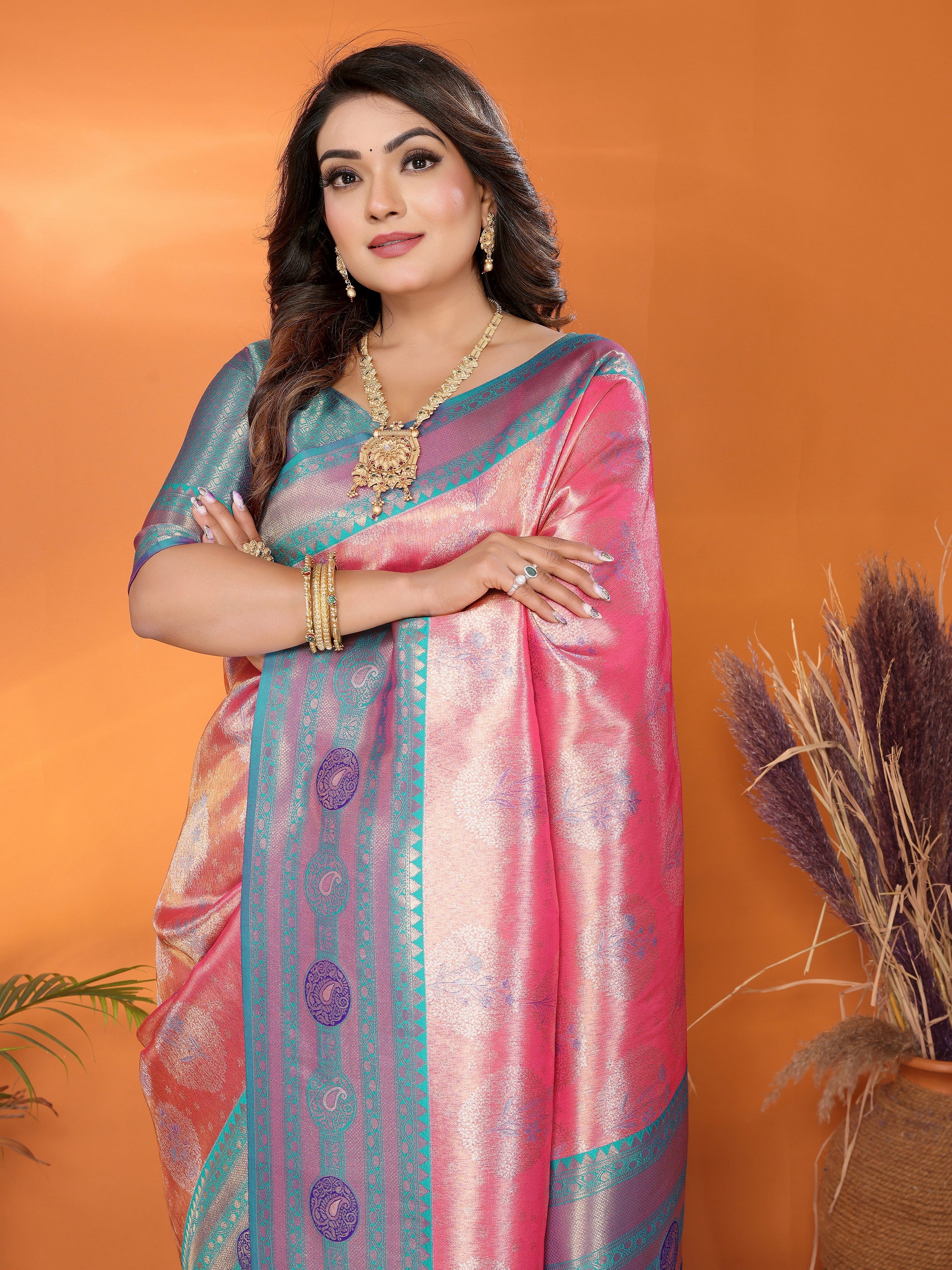 Peach Banarasi Tissue Silk Saree With Woven Paithani Designer