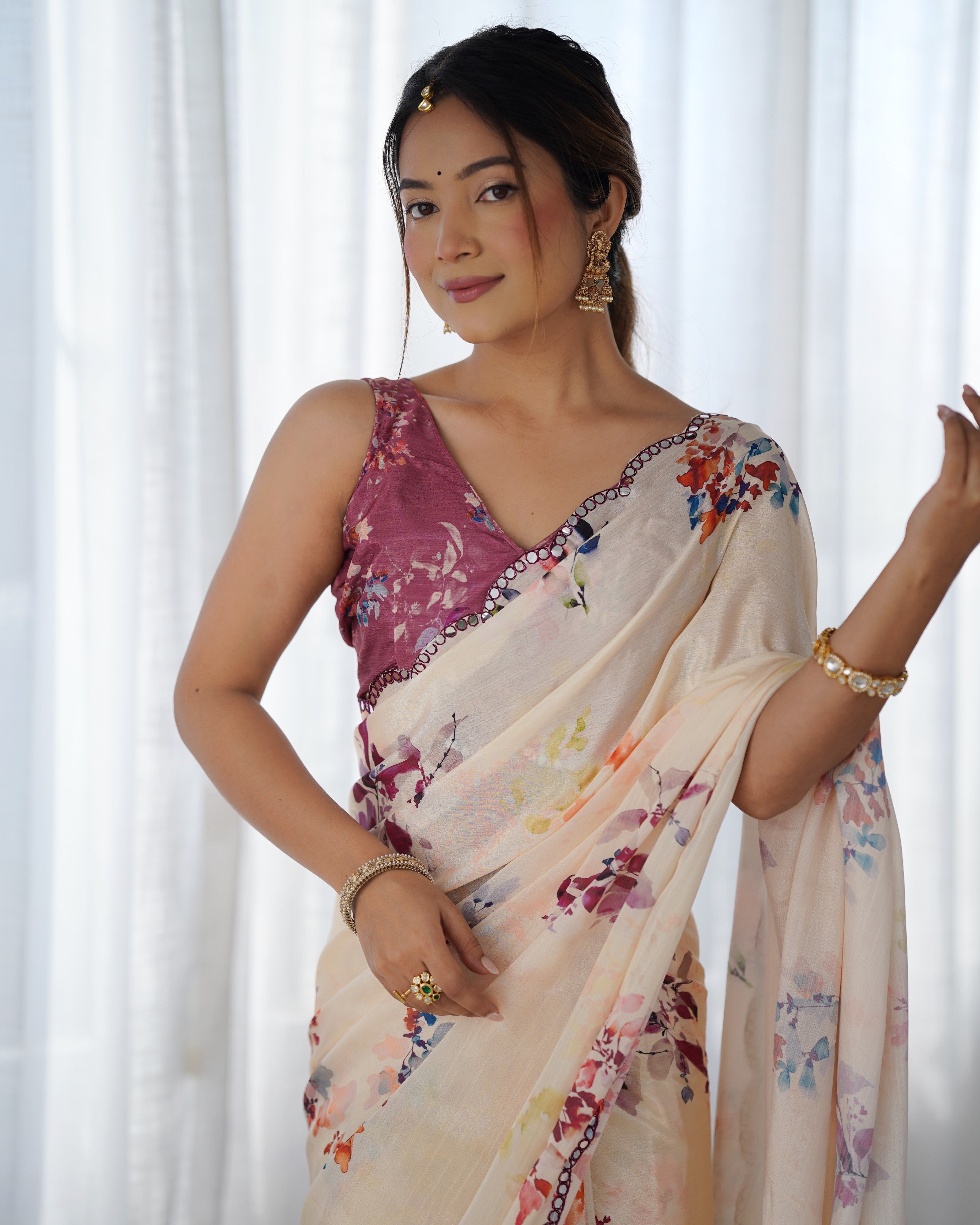 Peach Beautiful Chinon Fabric Digital Printed Saree With Mirror Cut Work