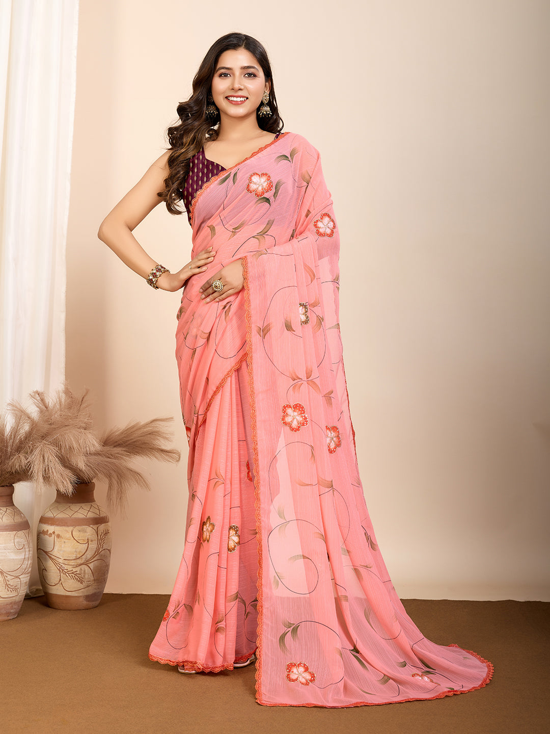 Peach Beautiful Designer Brush And Foil Printed Ceremonial Partywear Saree