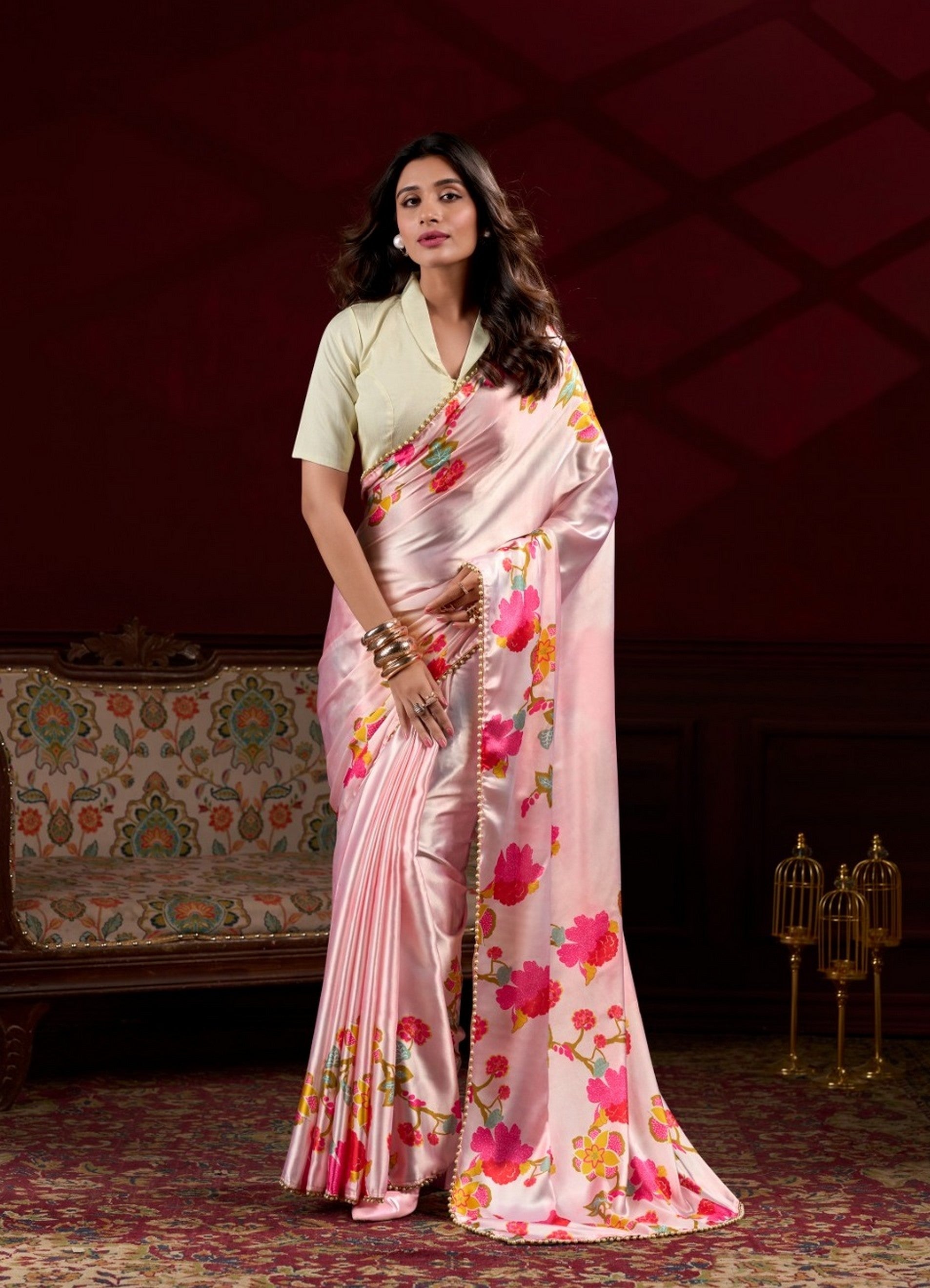 Peach Beautiful Floral Printed Japan Satin Silk Graceful Evening Party Saree