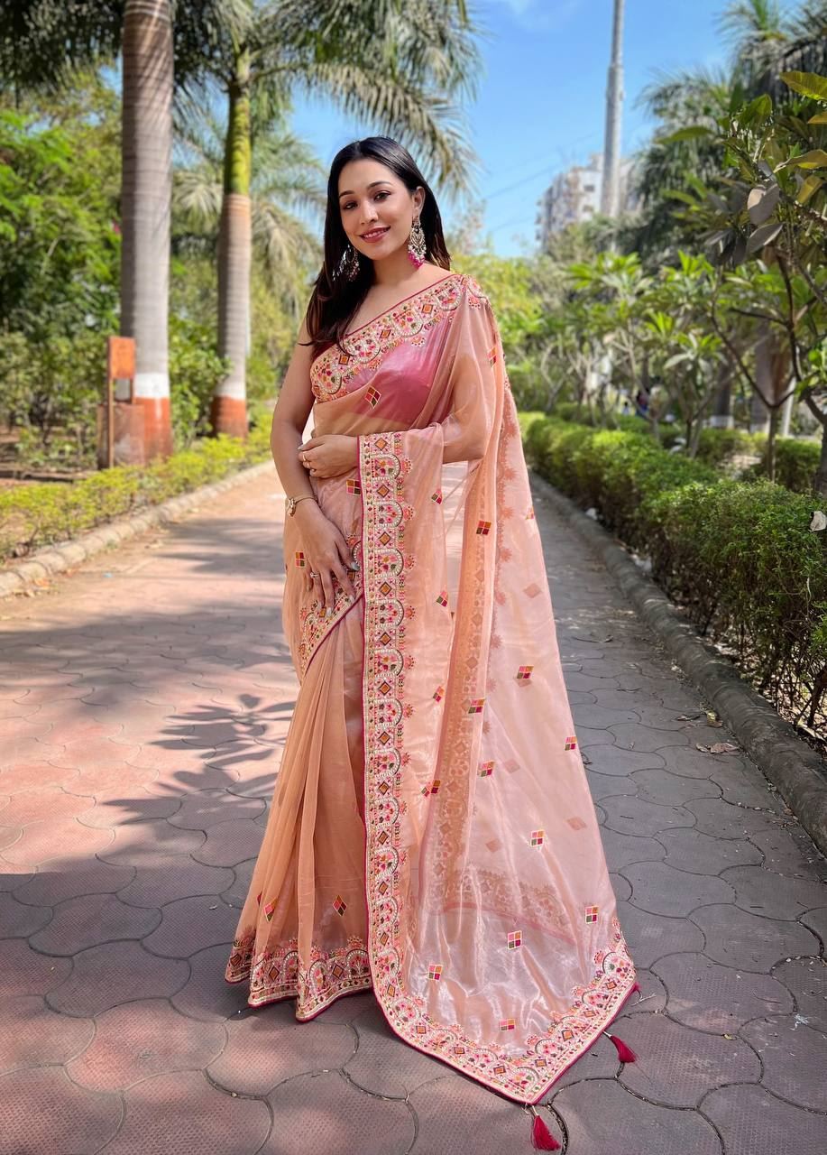 Peach Colour Twill Net Designer Embroidery Work Saree