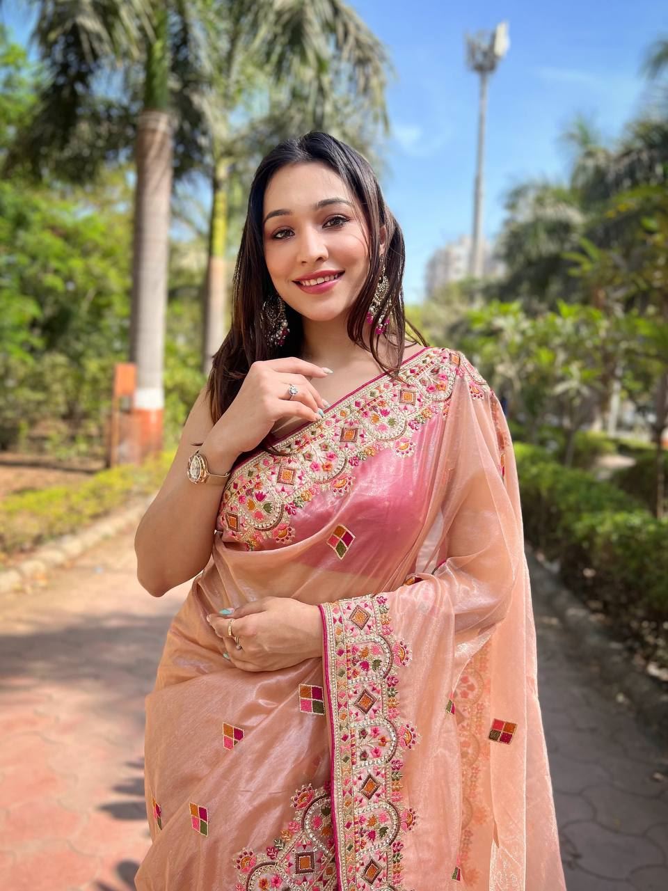 Peach Colour Twill Net Designer Embroidery Work Saree