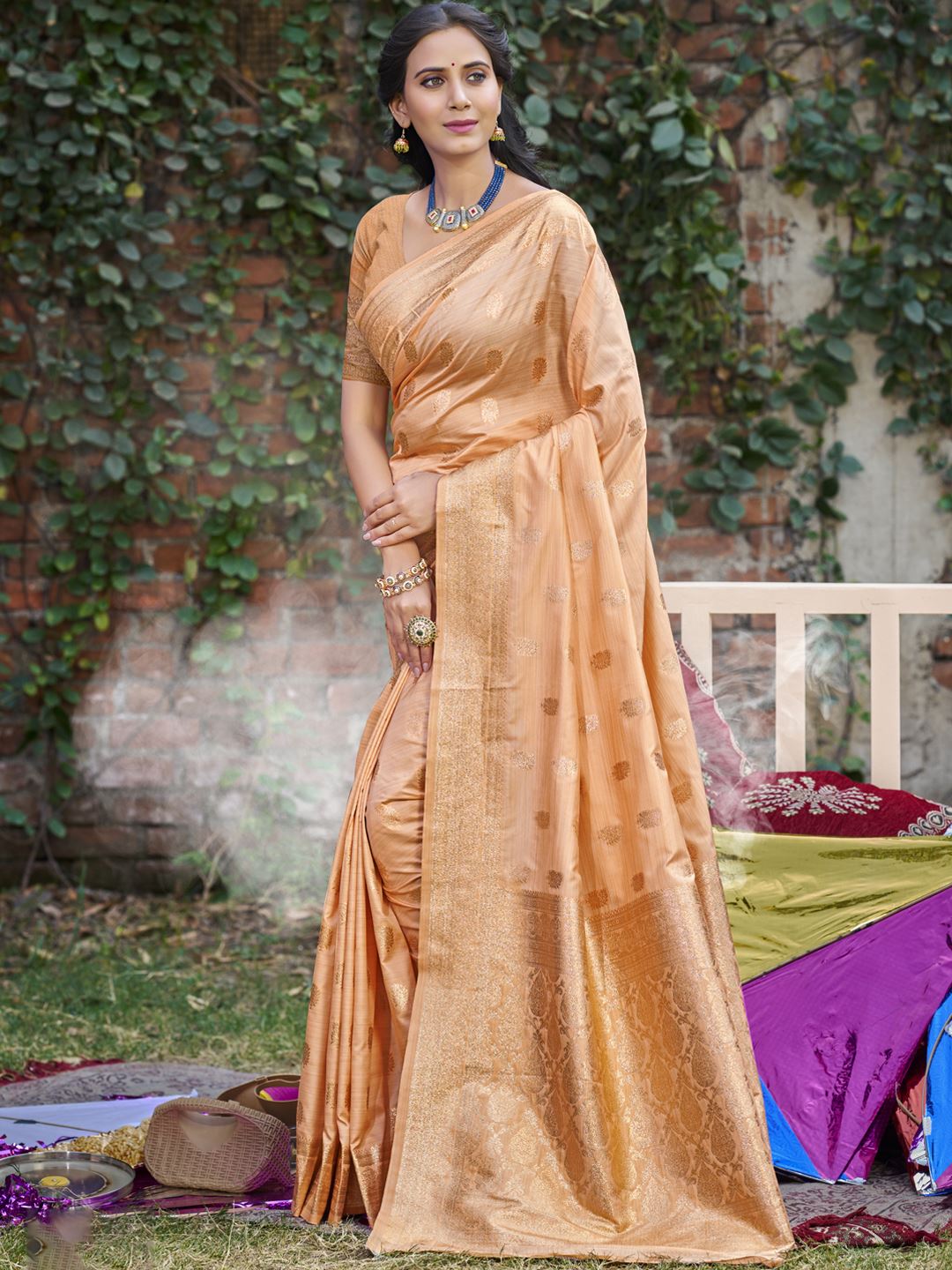 Peach Colour Woven Silk Saree