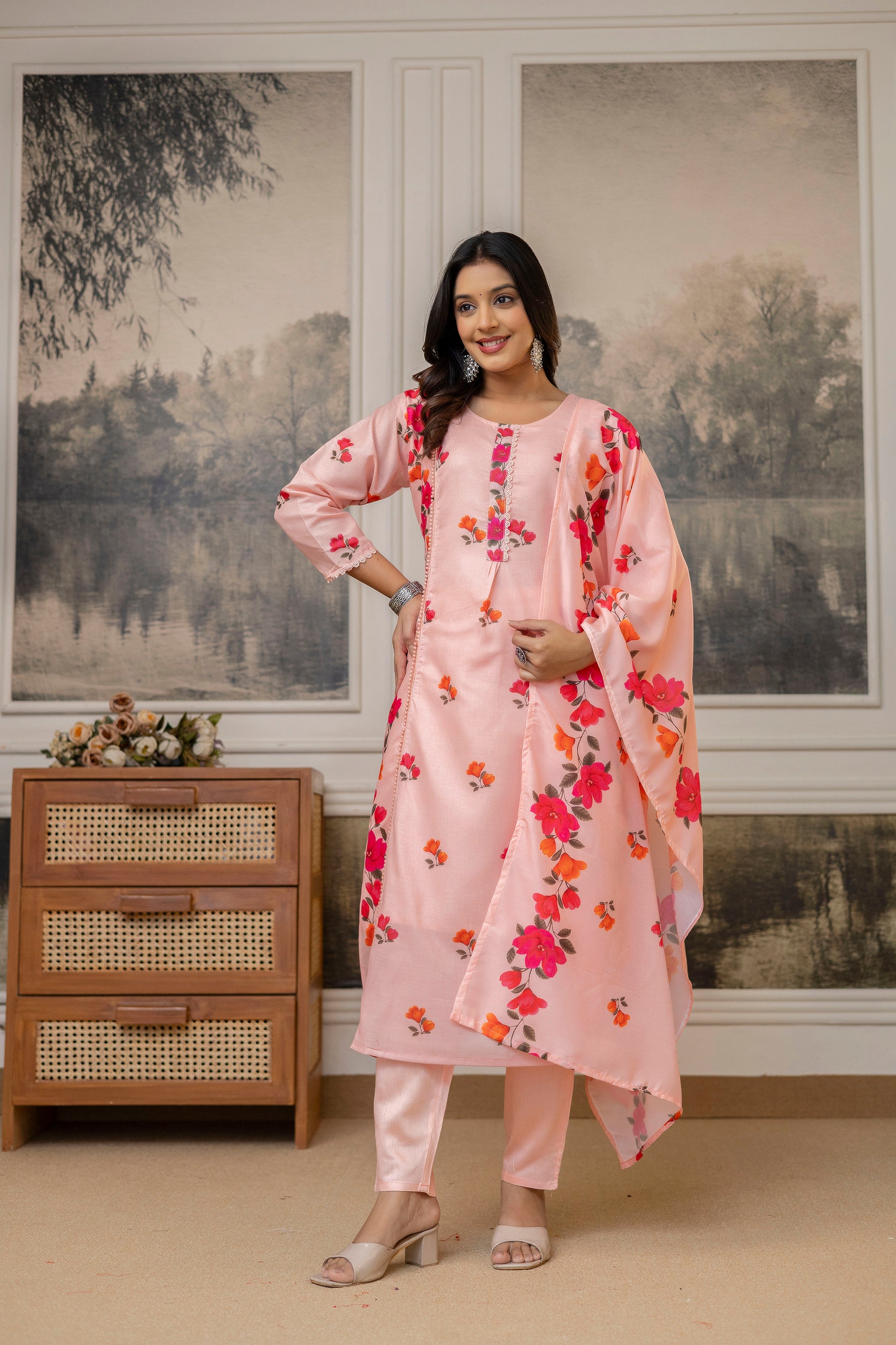 Peach Cotton Kurta Pant Set Printed