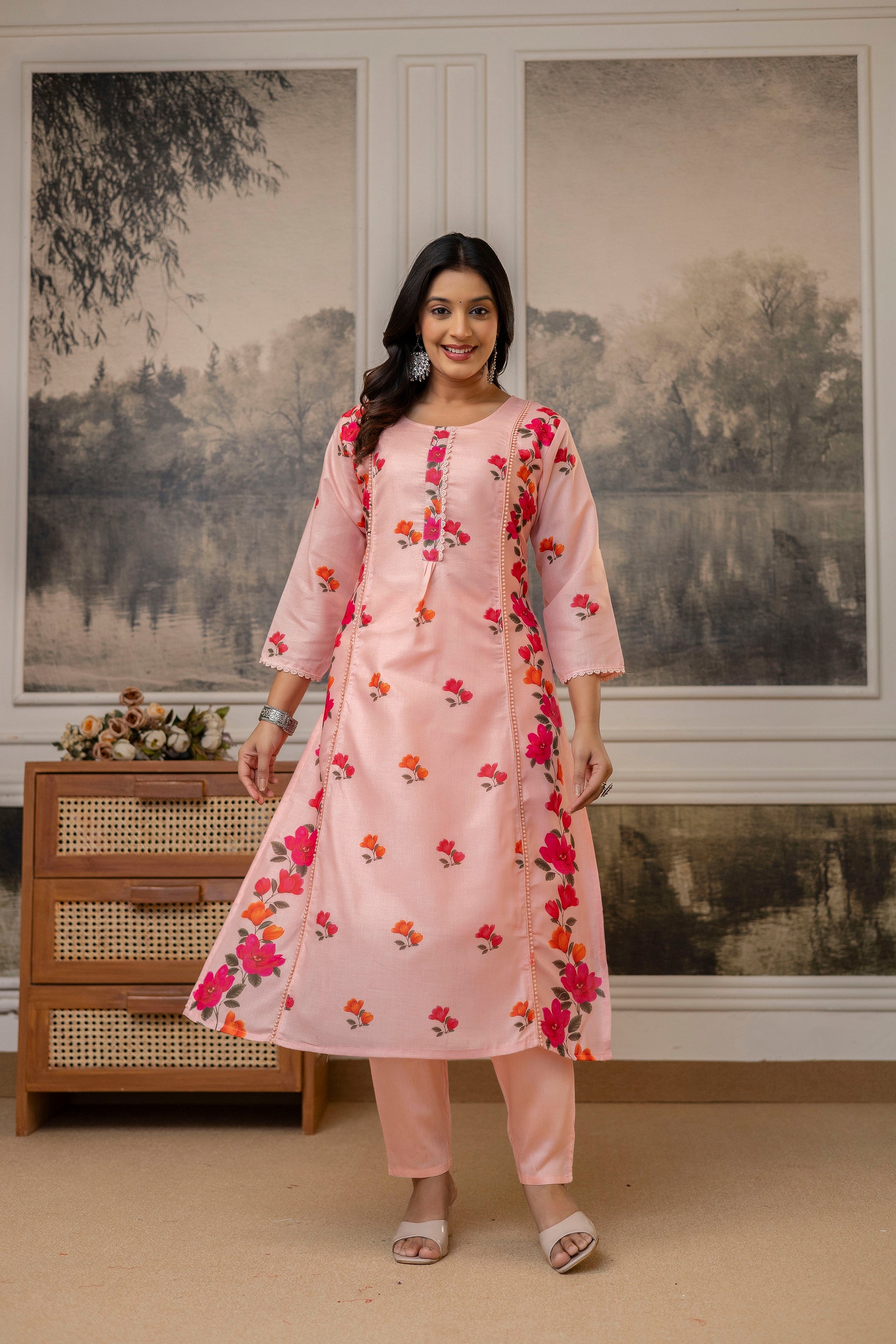 Peach Cotton Kurta Pant Set Printed