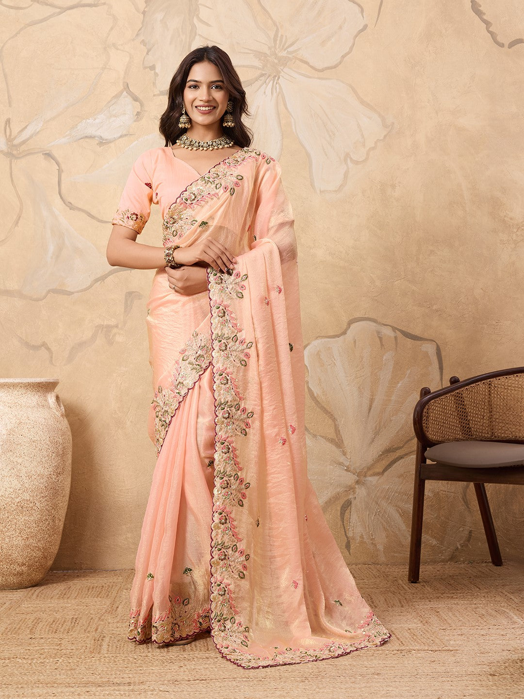 Peach Fendy Chiffon Saree With Designer Embroidery