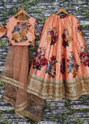 Peach Floral Digital Printed Art Silk Bridal Lehenga Choli