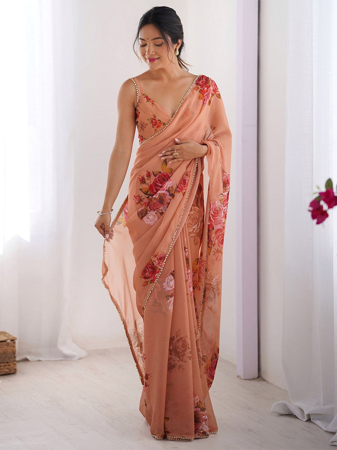 Peach Georgette Saree With Digital Print And Moti Lace