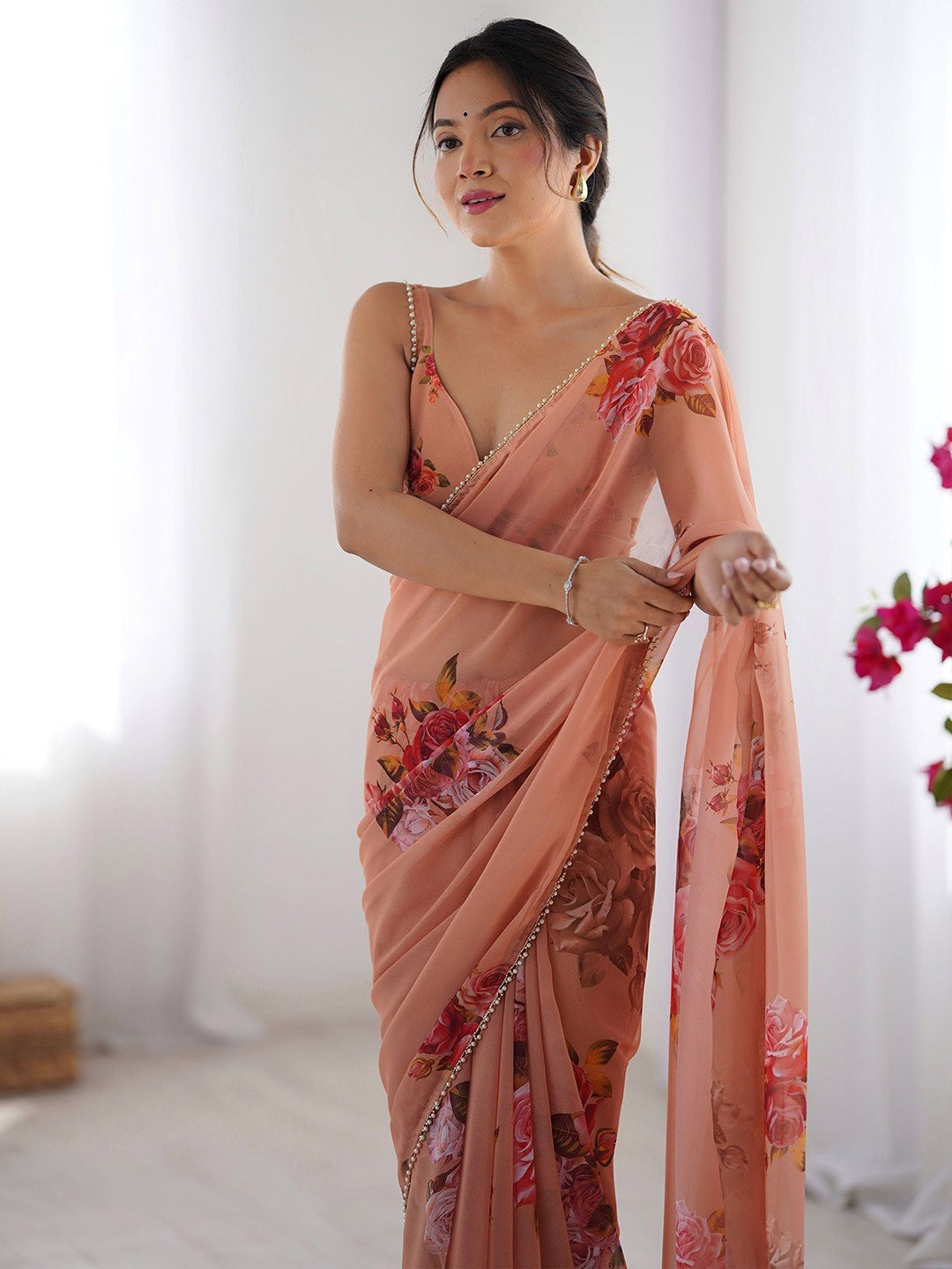 Peach Georgette Saree With Digital Print And Moti Lace