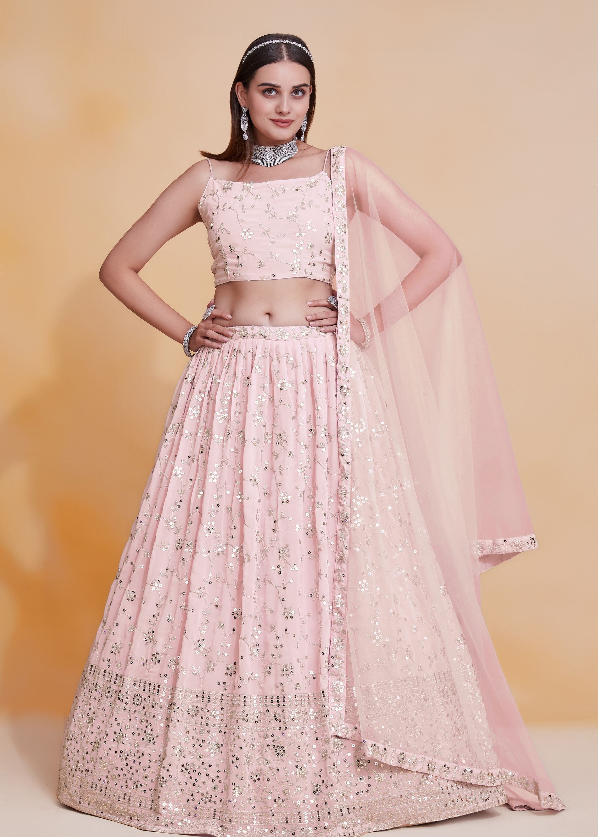 Peach Georgette Sequence Embroidery Work Lehenga Choli