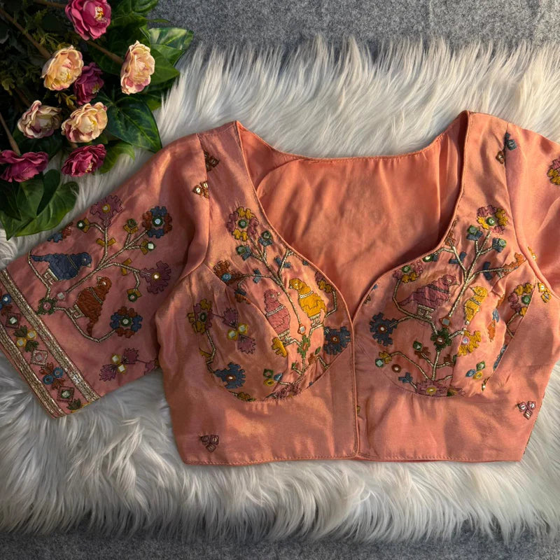 Peach Glow Bird Motif Mirror Work Blouse Cosmos Silk Designer Partywear
