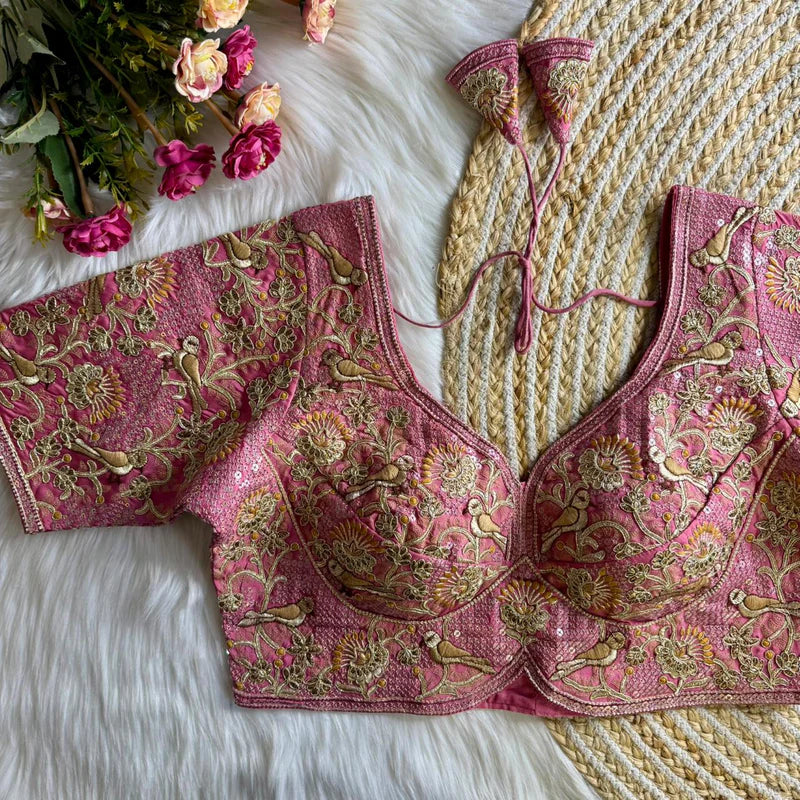 Peach Glow Luxury Bird Motif Bridal Blouse Roman Silk Designer Wedding Wear